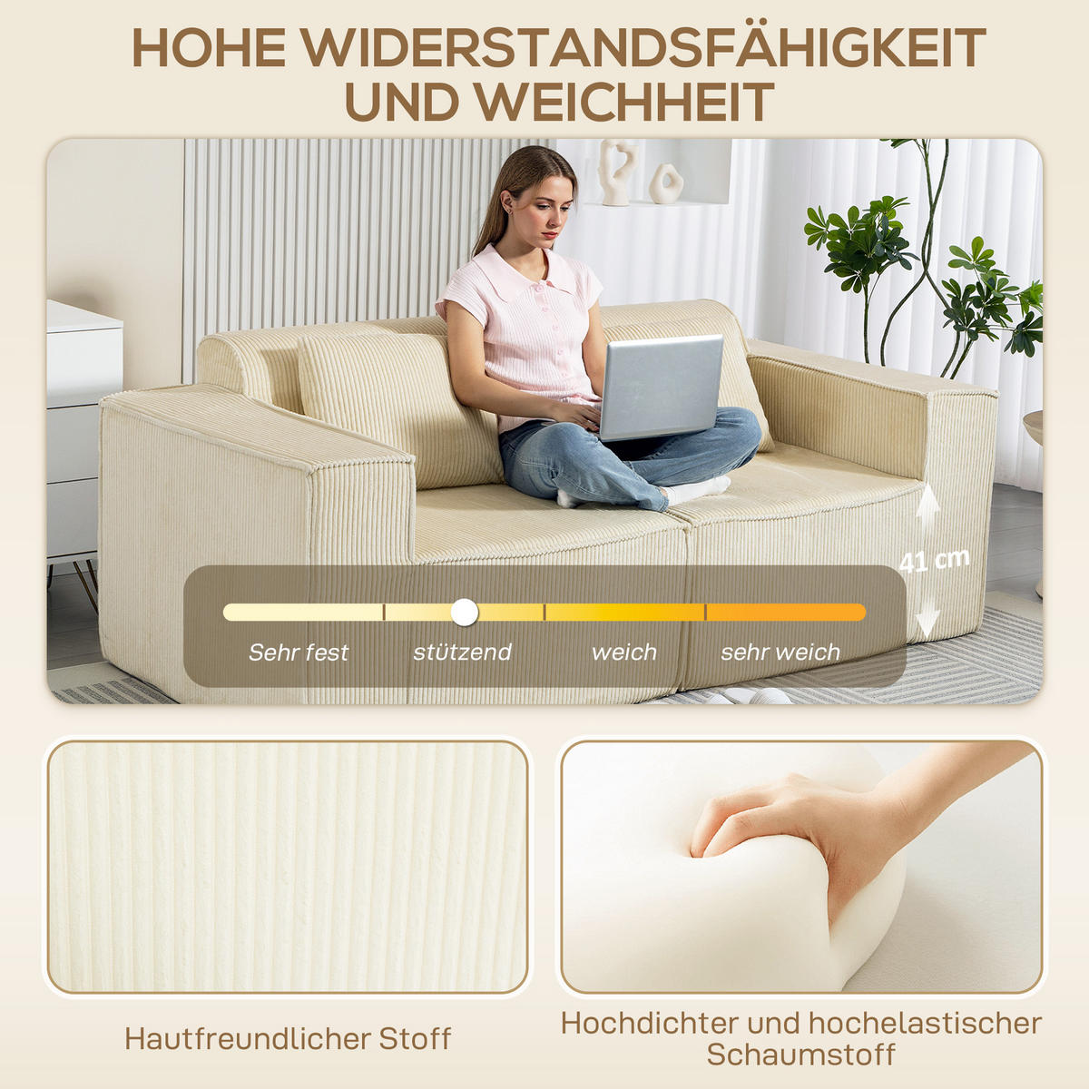 3-SITZER SOFA 202 cm Cloud-Couch ohne Gestell mit 2 Lendenkissen Beige - Beige, Textil (90/76/202cm) - HOMCOM
