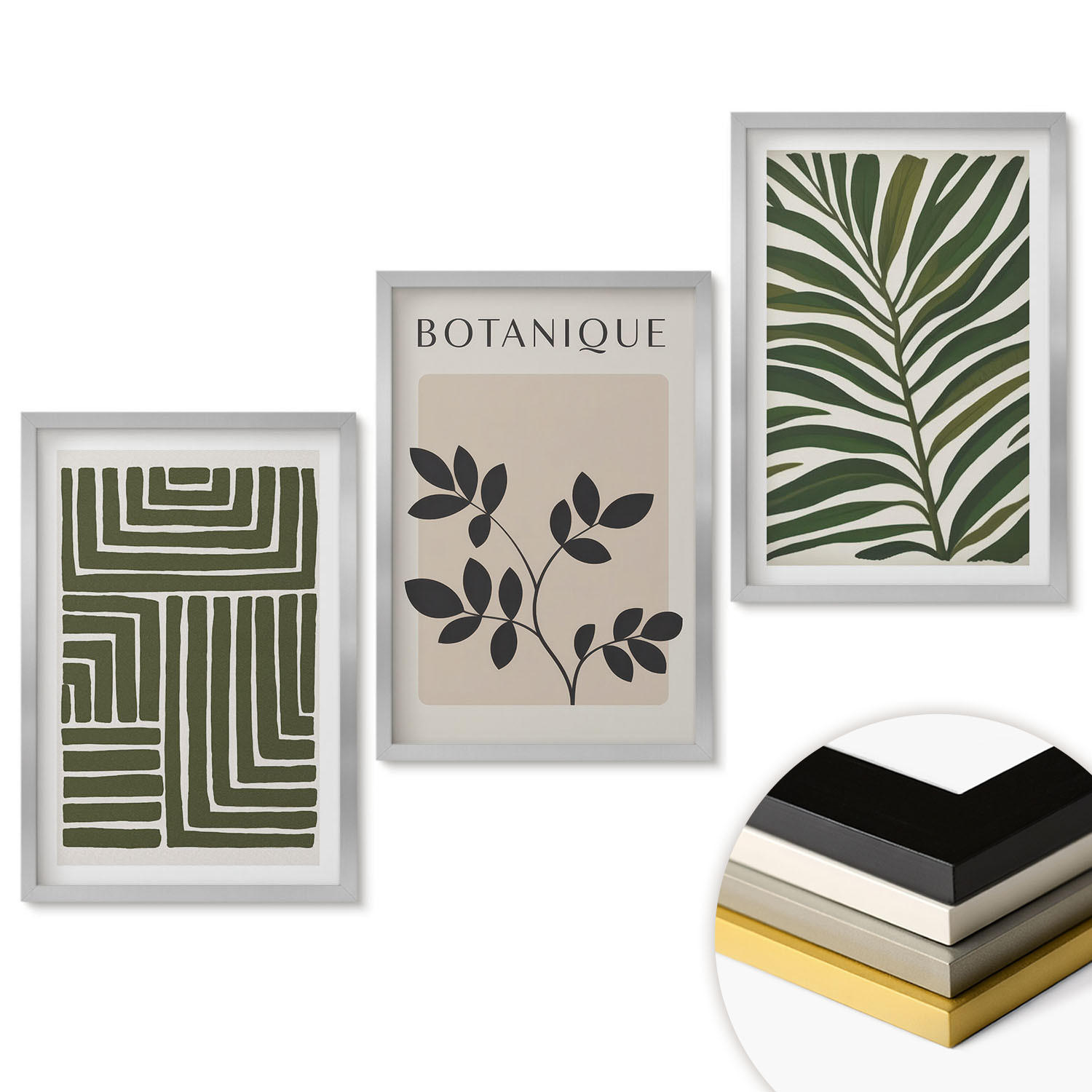 WANDBILDER 3er Set - 40x60 cm Silberner Rahmen - Botanischer Boho-Minimalismus - Silberfarben, Kunststoff (40/60cm) - ArtPrintCave