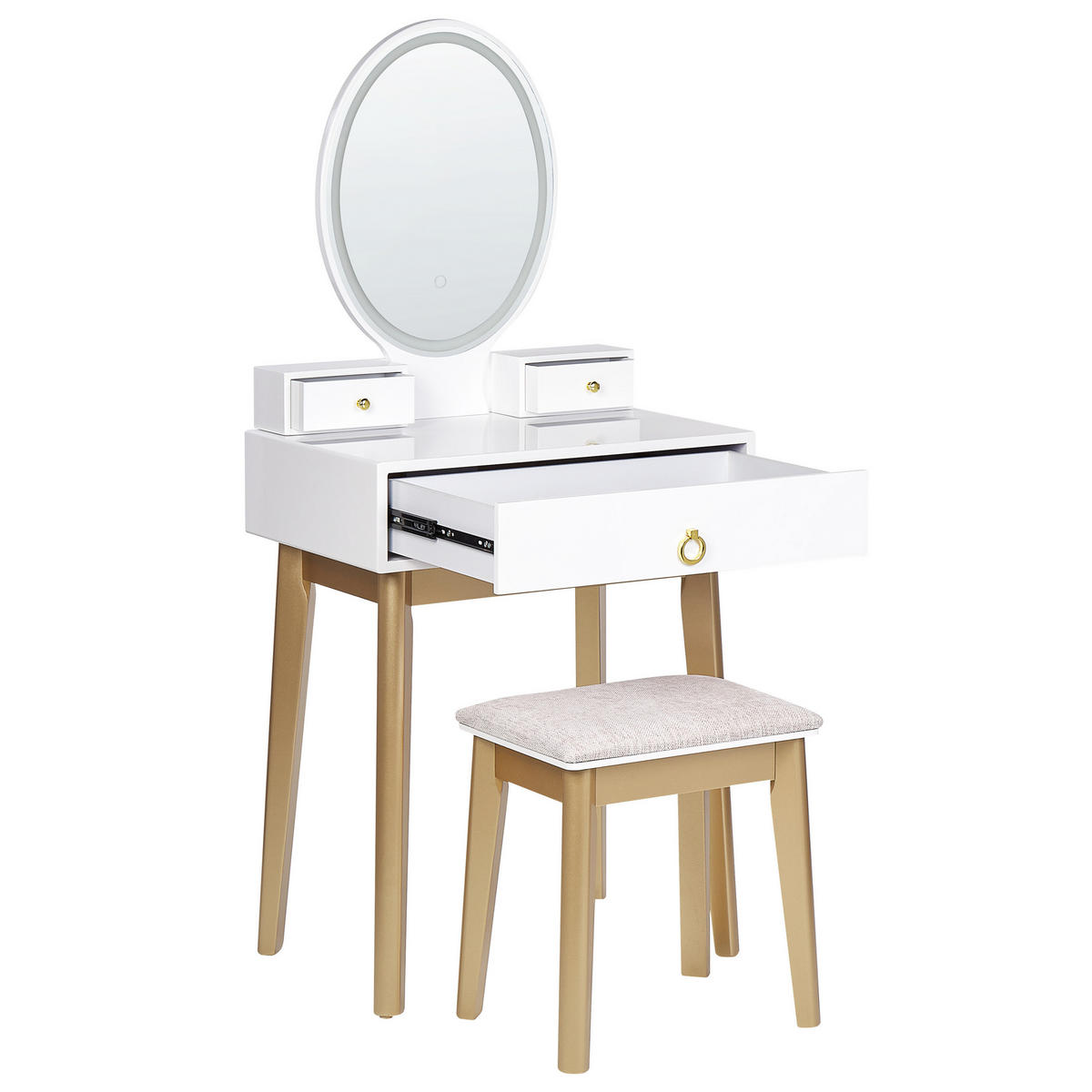 SCHMINKTISCH mit ovalem LED-Spiegel Hocker 3 Schubladen weiß/gold Rosey - Beige/Goldfarben, Holzwerkstoff (58/135/40cm) - Beliani