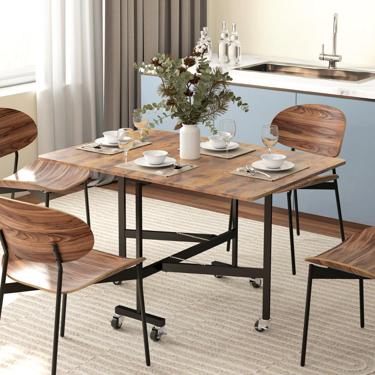 ESSTISCH Klappbar Küchentisch mit Rollen Bremsen für 4-6 Personen Rustikal-Braun - Braun, Holzwerkstoff (120/80/73cm) - HOMCOM
