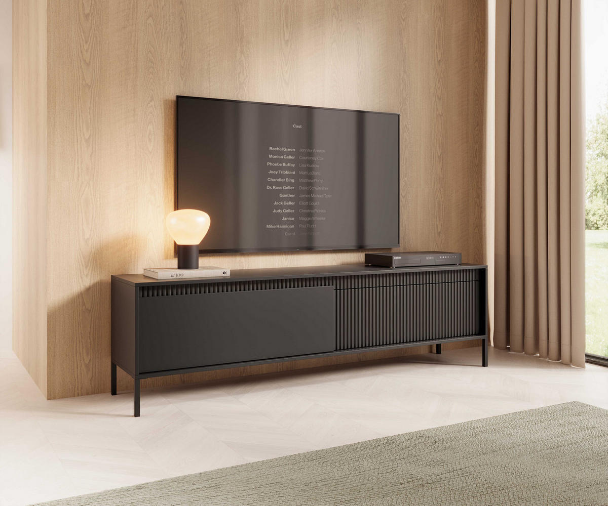 TV LOWBOARD SENSO, Geriffelte MDF-Fronten, Push-to-Open, Metallbeine, 40x188x54 cm, Schwarz - Schwarz, Holz/Holzwerkstoff (188/54/40cm) - DomoHome