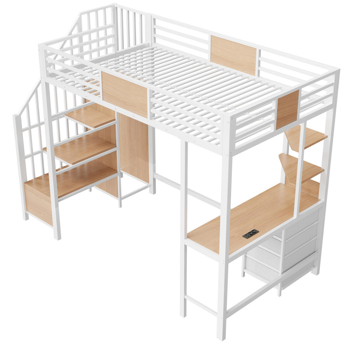 HOCHBETT 90/200 cm aus Metall und MDF mit Schreibtisch, Ablagen, Kleiderstange, LED und Steckdose Weiß - Weiß, Metall (90/200cm) - Modenvie