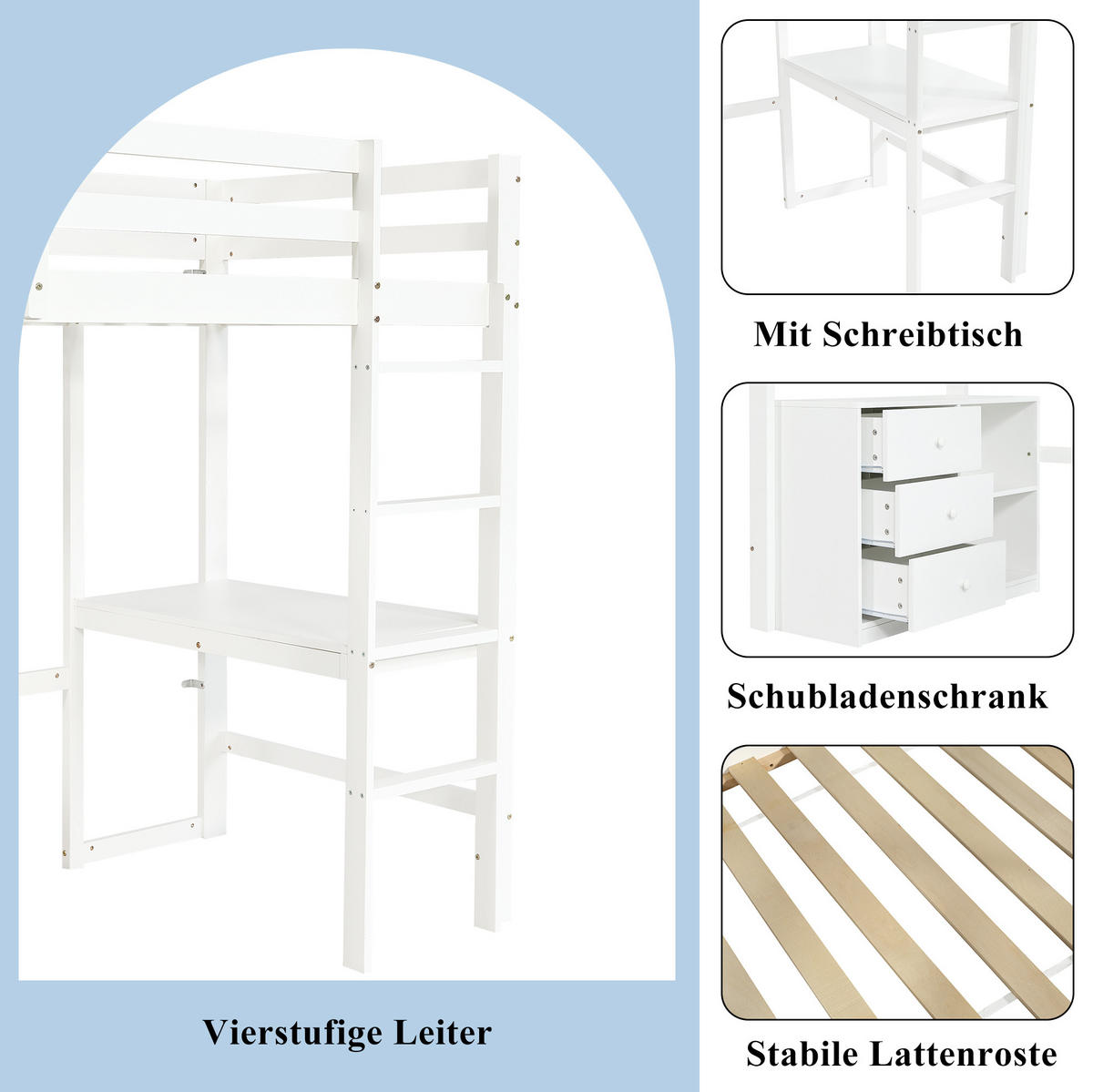 HOCHBETT 90/200 cm aus Kiefer und MDF mit Schreibtisch und Stauraum Weiß - Weiß, Holz (90/200cm) - Modenvie