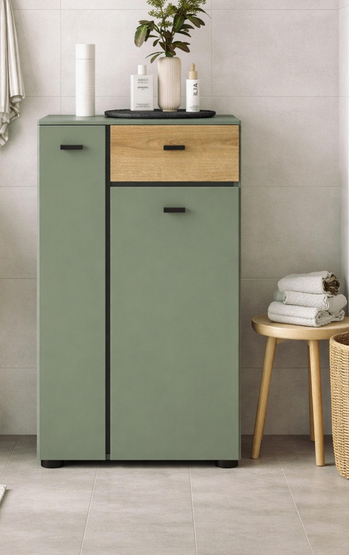 BADKOMMODE grün, Evoke Eiche 51 cm, Midischrank mit 7 Fächern - Eichefarben/Schwarz, Holzwerkstoff/Kunststoff (51/91/30cm) - Inn.Furn