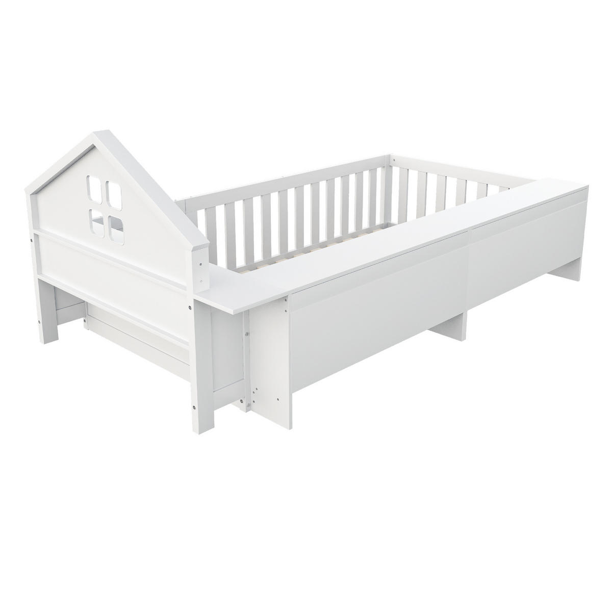 KINDERBETT 90/200 cm Weiß mit Dachleiste und Stauraum - Weiß, Holz (90/200cm) - OKWISH