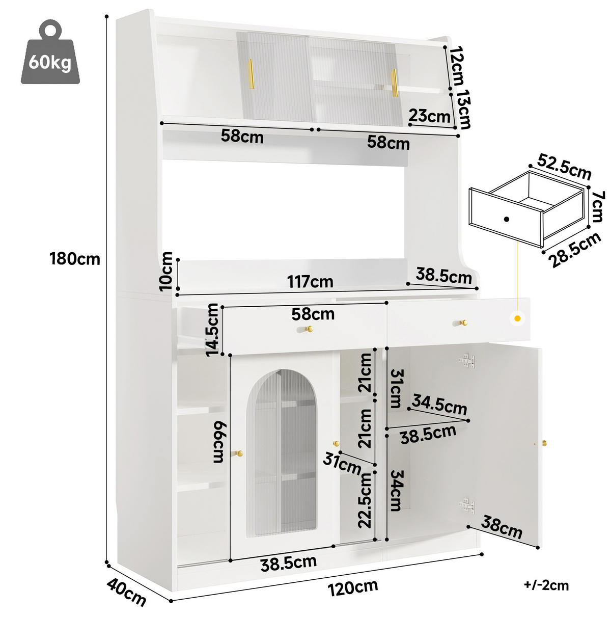 ANRICHTE Hochschrank 120/40/180 cm aus MDF und Holzwerkstoff mit LED-Beleuchtung Weiß - Weiß, Holzwerkstoff (120/180/40cm) - Modenvie