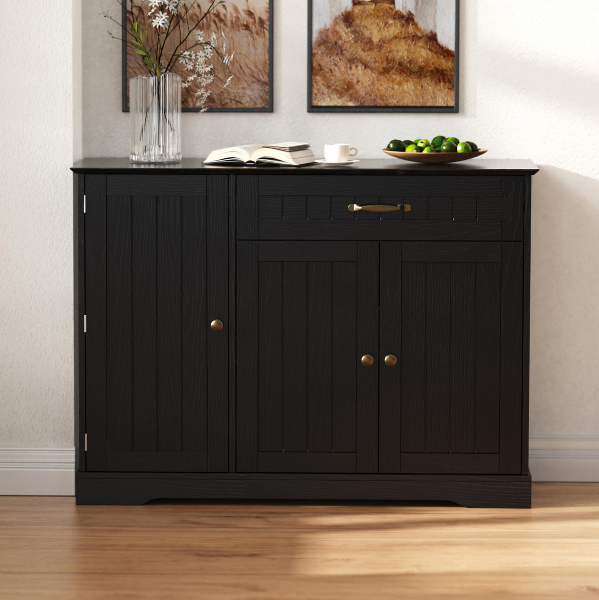 SIDEBOARD z MDF černý, 3 dvířka a zásuvka s nastavitelnými policemi - černá, kompozitní dřevo (107/83.4/40cm) - Modenvie