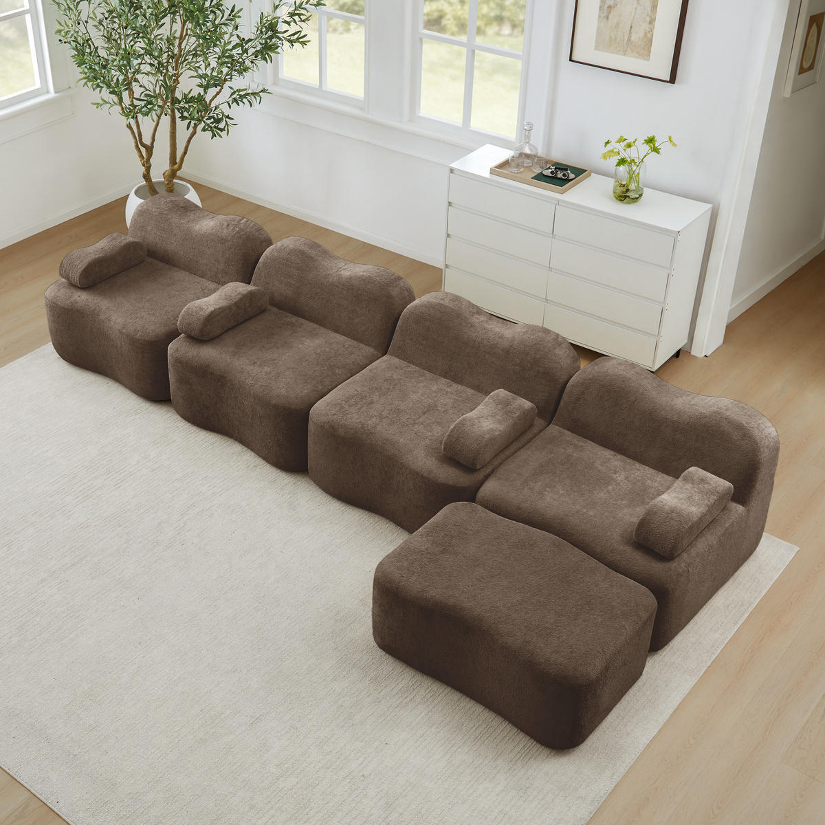 4-SITZER Sofa 384x167x70 cm aus Samtstoff rahmenlos modular mit Ottoman, braun - Braun, Textil (167/70/384cm)