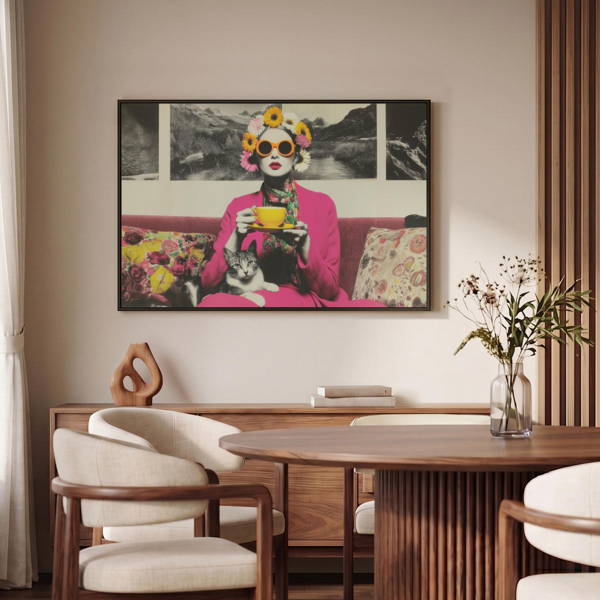 LEINWAND Bilder mit Rahmen - Frau - Katze - Blumen - Tasse - Retro - 90x60 - Magenta, Textil (90/60cm) - MuchoWow