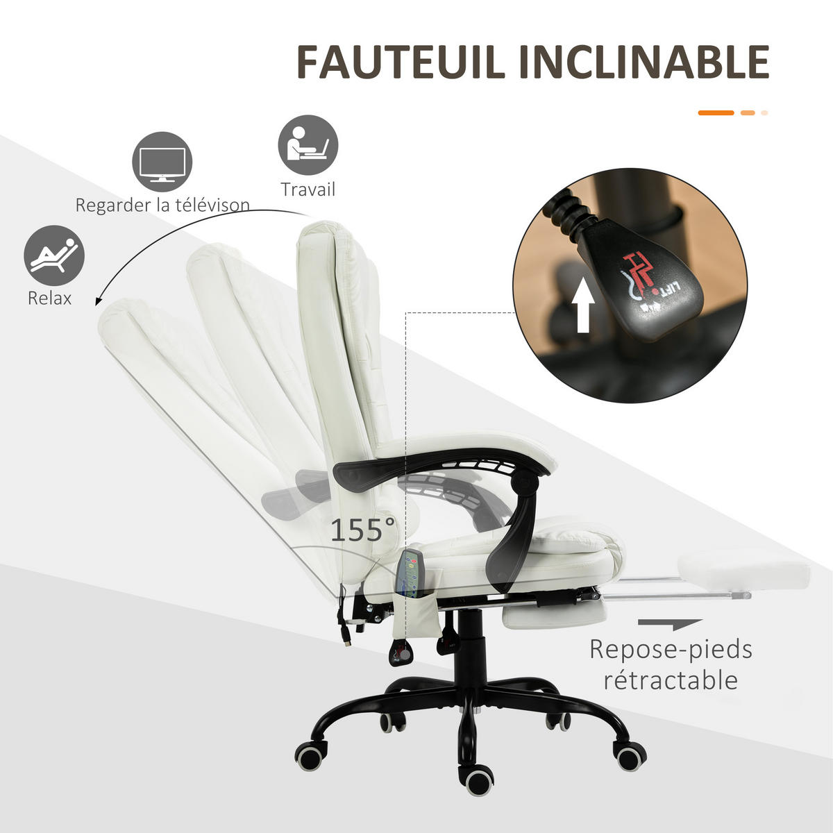 CHEFSESSEL DE-11646 ergonomisch mit Massagefunktion & Fußstütze Weiß - Weiß, Metall (79/121/67cm) - ComfortXL