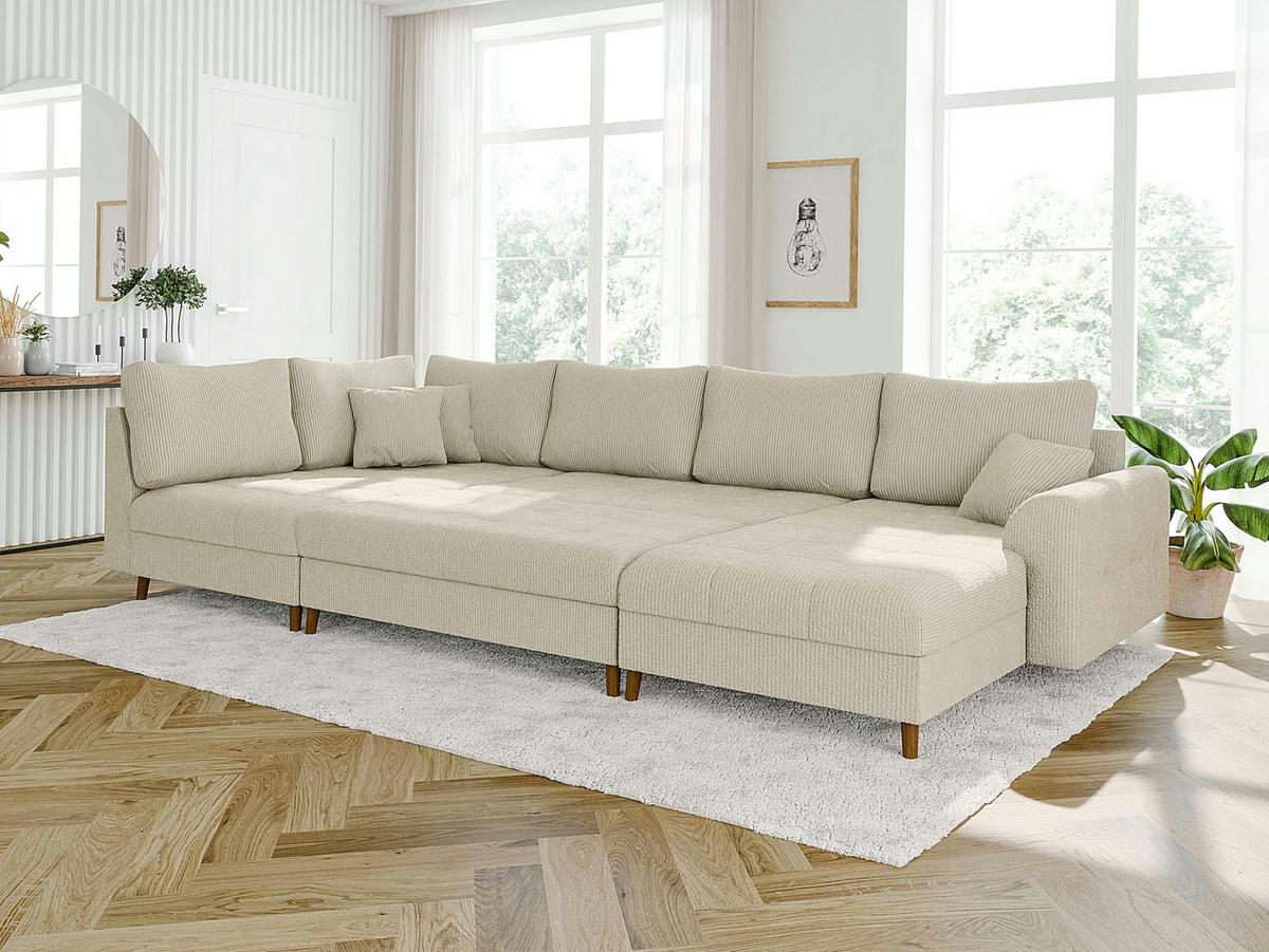 WOHNLANDSCHAFT inkl. Hocker Alma Beige Cord - Beige/Braun, Holz/Textil (310/81/161cm) - S-Style Möbel