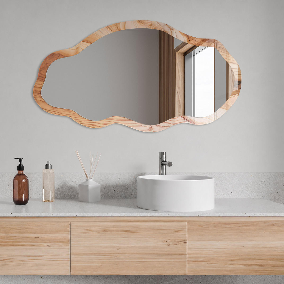 SPIEGEL 90x45 cm asymmetrisch mit Druck - Holzstruktur - Transparent, Glas (45/90/0.4cm) - TULUP