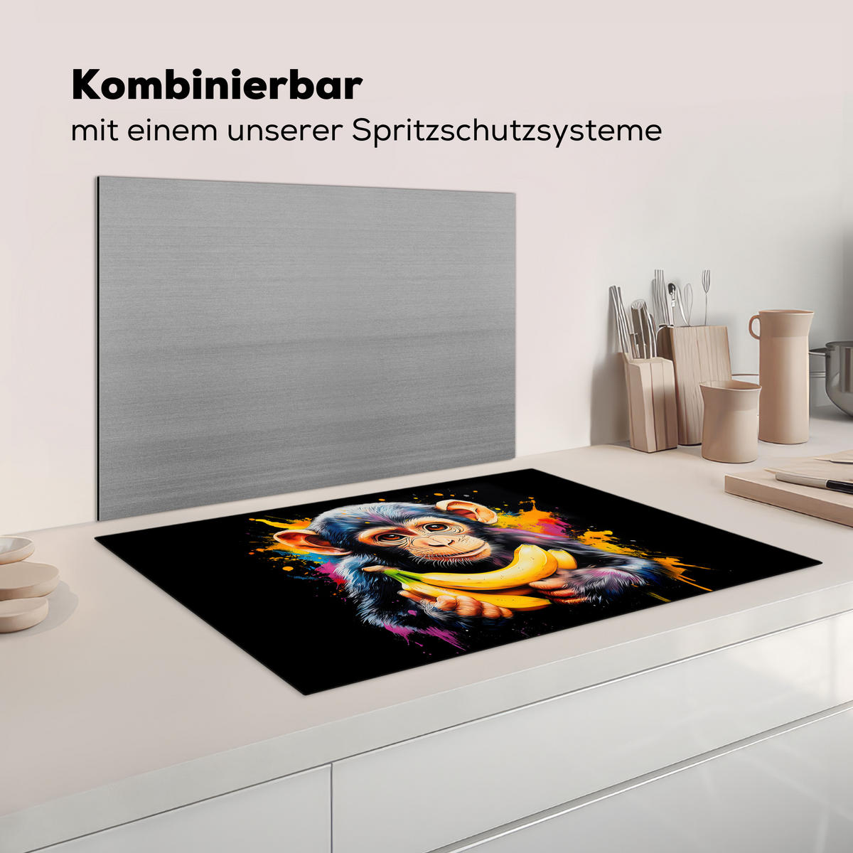 KRYT NA INDUKČNÍ DESKU Opice - Graffiti - Barevné - Banány - Moderní 81.2x52 cm - žlutá, plast (81.2/52/0.2cm) - MuchoWow