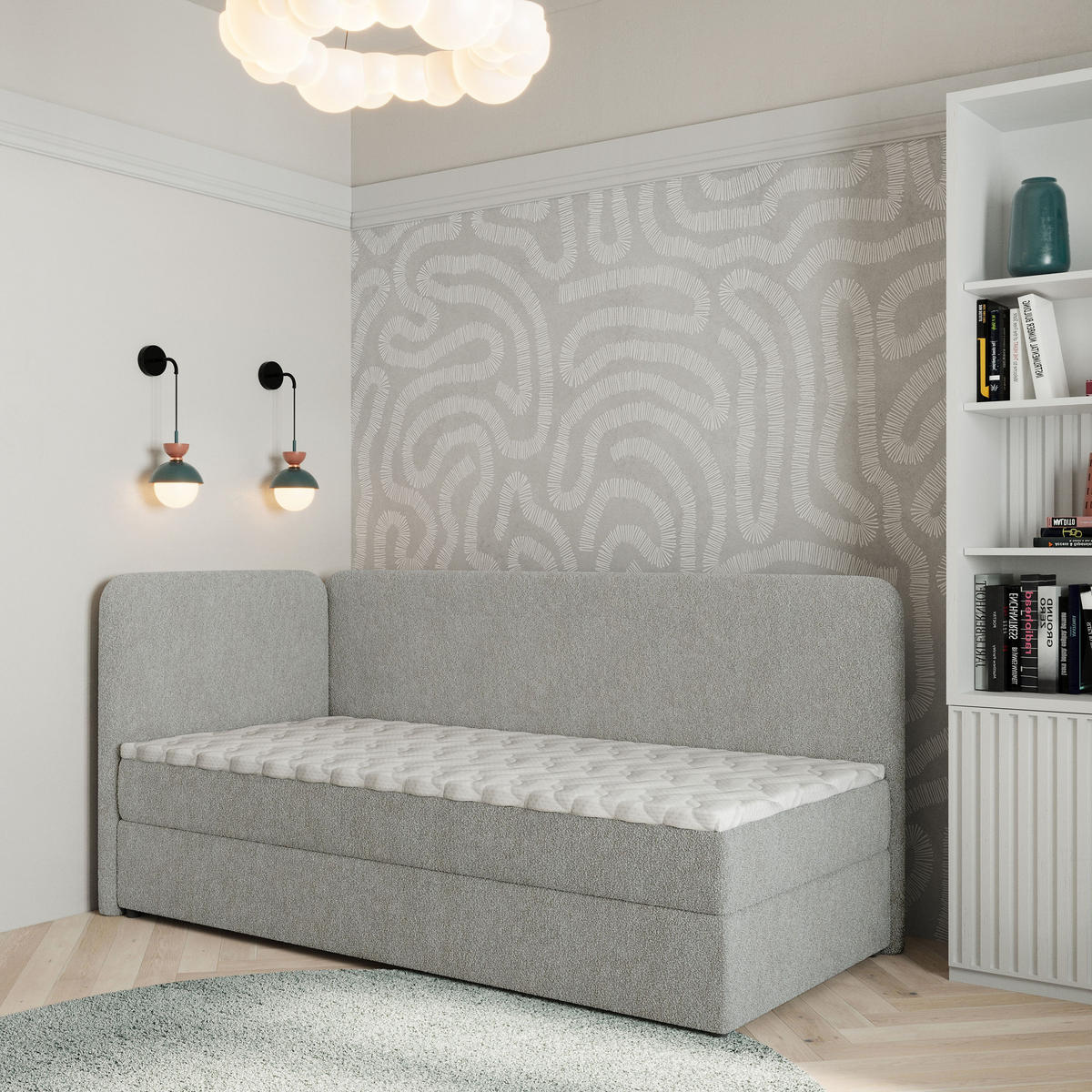 BOXBETT GINA 100x200 cm mit Matratze und Topper, H2+H3 - Hellgrau - Hellgrau, Holz (100/200cm) - MASSENO