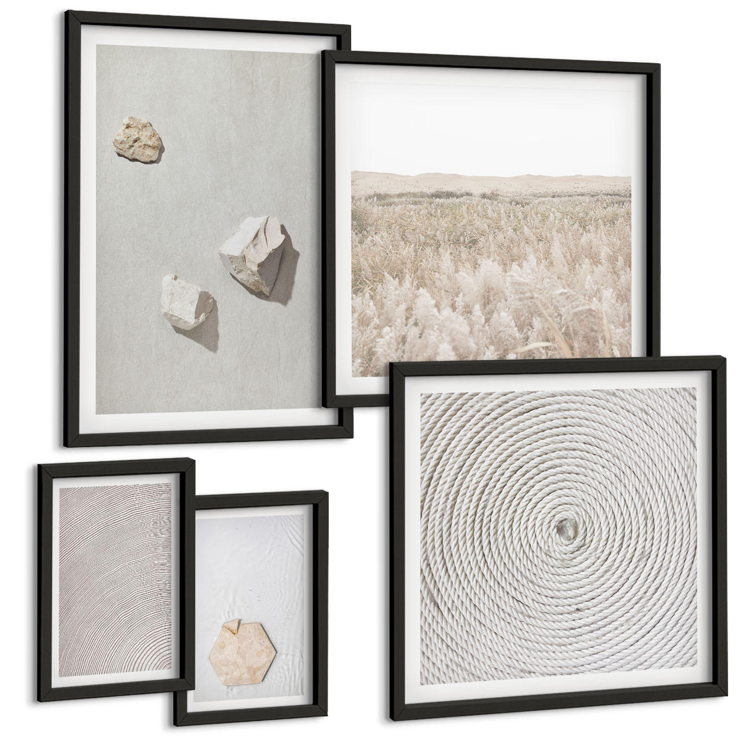 BILDER SET 5er Set - 50x50 cm & 20x30 cm & 40x60 cm Schwarzer Rahmen - Leichte Boho-Sandtexturen - Schwarz, Kunststoff (40/60cm) - TULUP