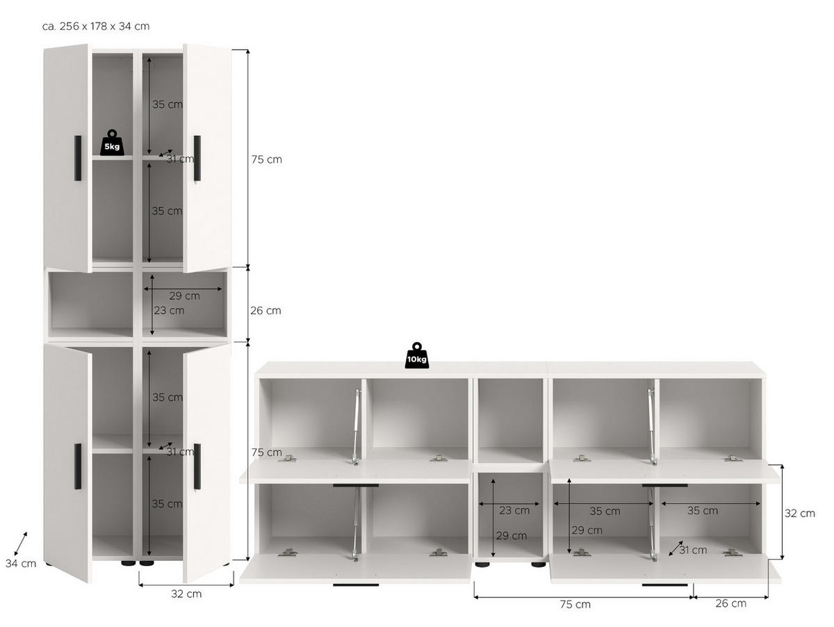 WOHNWAND weiß 256 x 178 cm, Schrankwand mit Soft-Close - Schwarz/Weiß, Holzwerkstoff/Kunststoff (256/151/34cm) - Inn.Furn