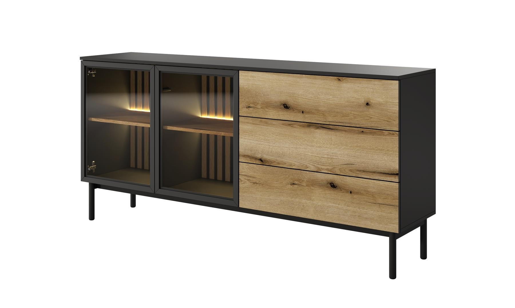 KOMMODE Lango 180 Schwarz mit Eiche Evoke, Kombikommoden mit Led-Beleuchtung - Hellbraun/Schwarz, Glas/Holzwerkstoff (180/85/39cm) - Bettso