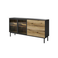 KOMMODE Lango 180 Schwarz mit Eiche Evoke, Kombikommoden mit Led-Beleuchtung - Hellbraun/Schwarz, Glas/Holzwerkstoff (180/85/39cm) - Bettso