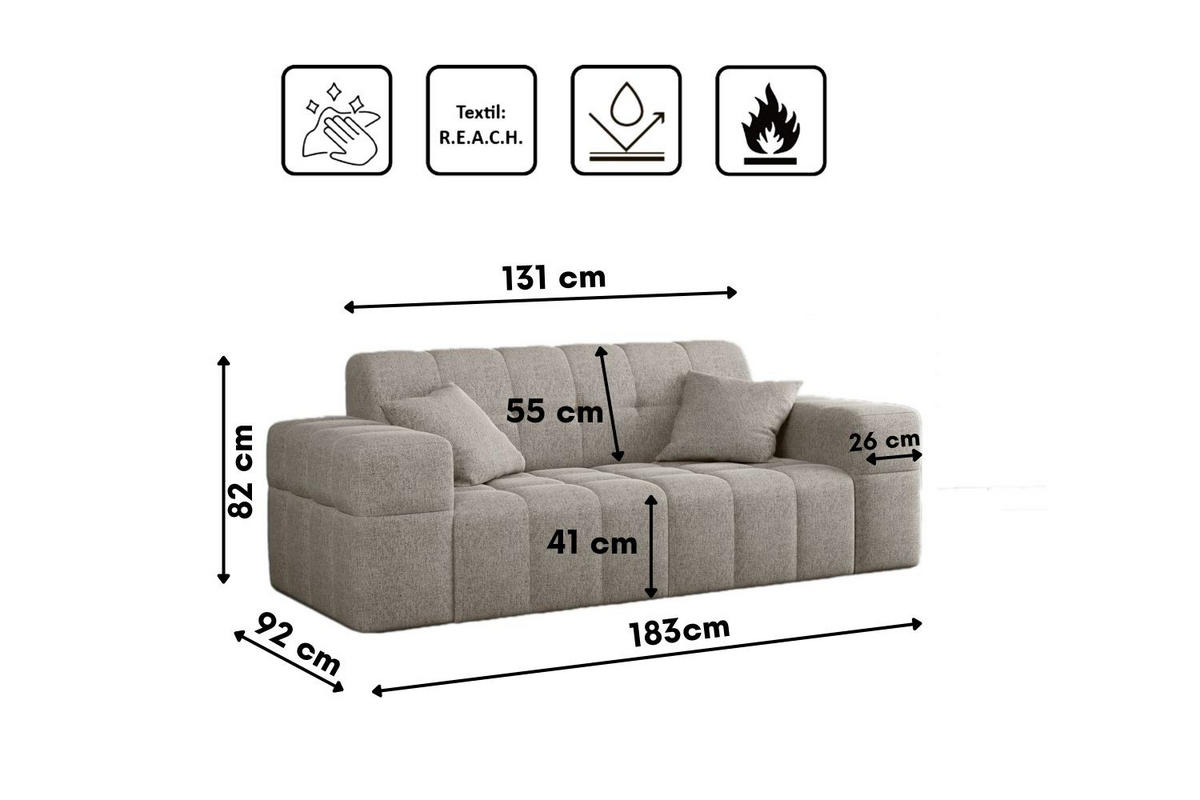 SOFA 2-sitzer Couch serie NIMES Stoff Verita Warmbeige - Creme, Holz (183/82/92cm) - Kaiser Möbel