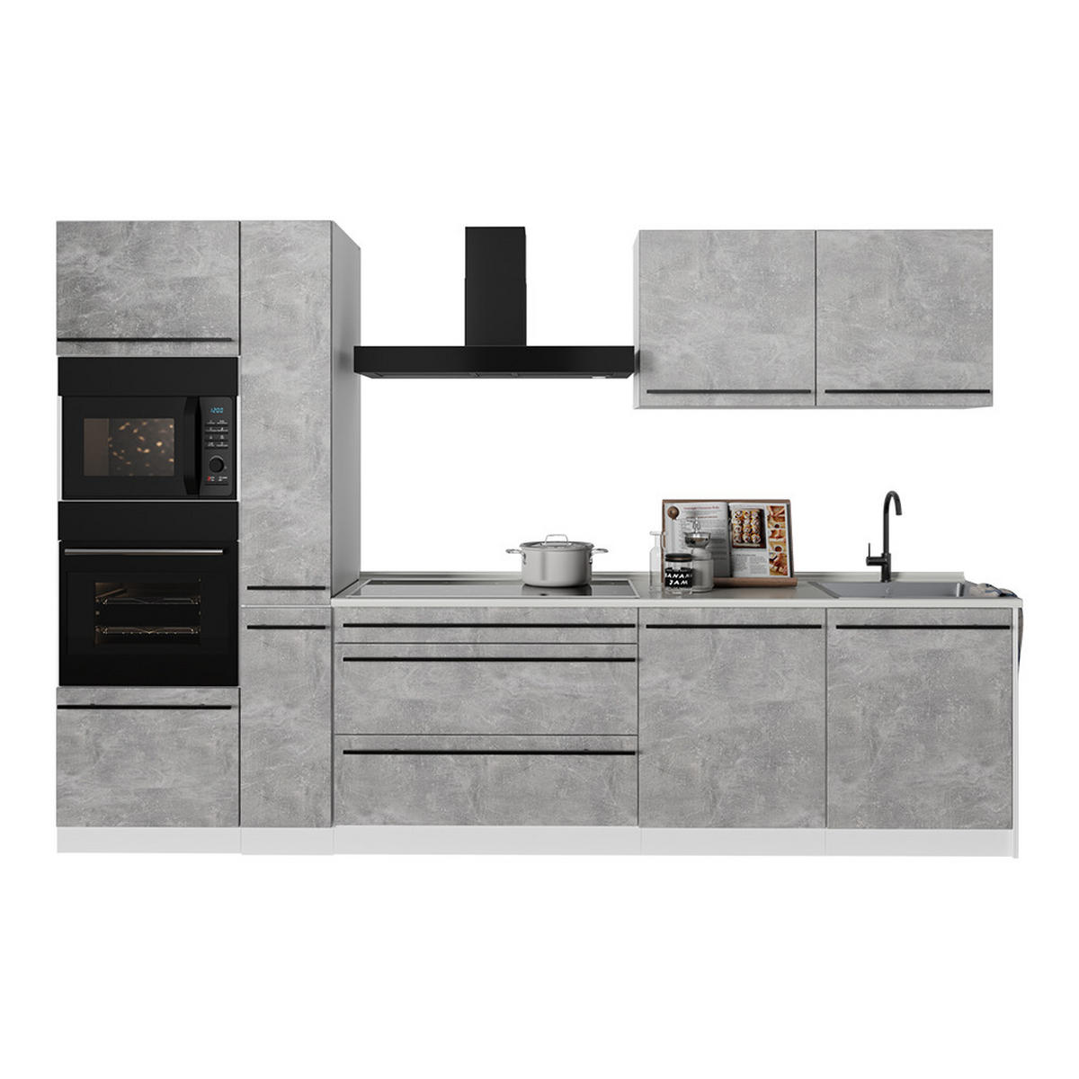 KUCHYŇSKÝ KOUT R-Line, Beton/Bílá, 310 cm pracovná doska Dub Goldkraft - šedá/bílá, kompozitní dřevo (310/206.8/60cm) - Vicco