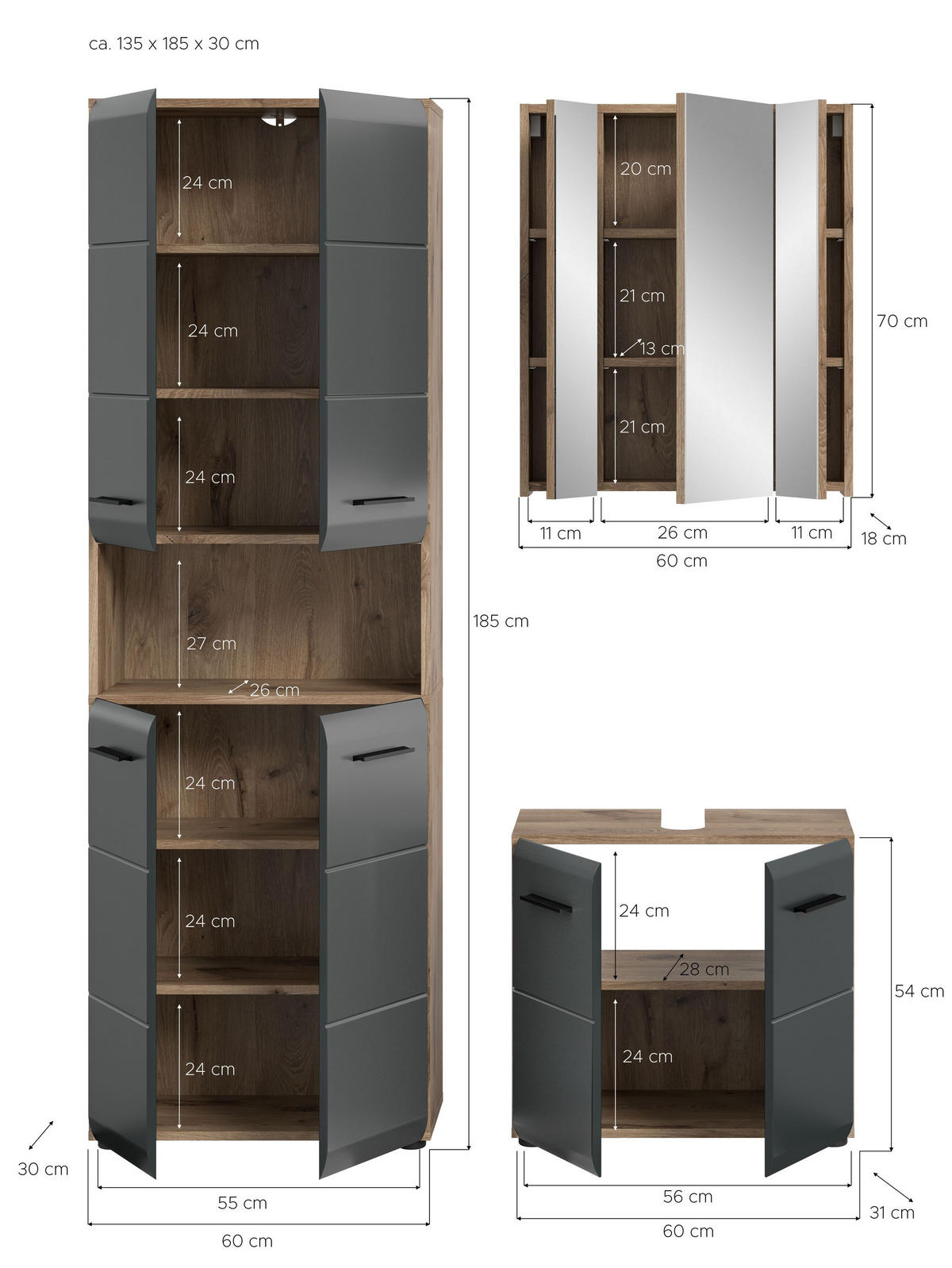 BADEZIMMER Alba 3-tlg. (B/H/T: ca. 135/185/30 cm) in Nox Oak /schwarz matt - Eichefarben, Holz (135/185/30cm)