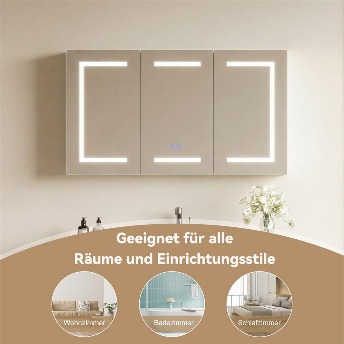 SPIEGELSCHRANK - dreitürig - mit LED-Beleuchtung - Antibeschlag-Funktion und Steckdose - Regalen - Weiß - Weiß, Holzwerkstoff (13.5/60/100.4cm) - DELFA