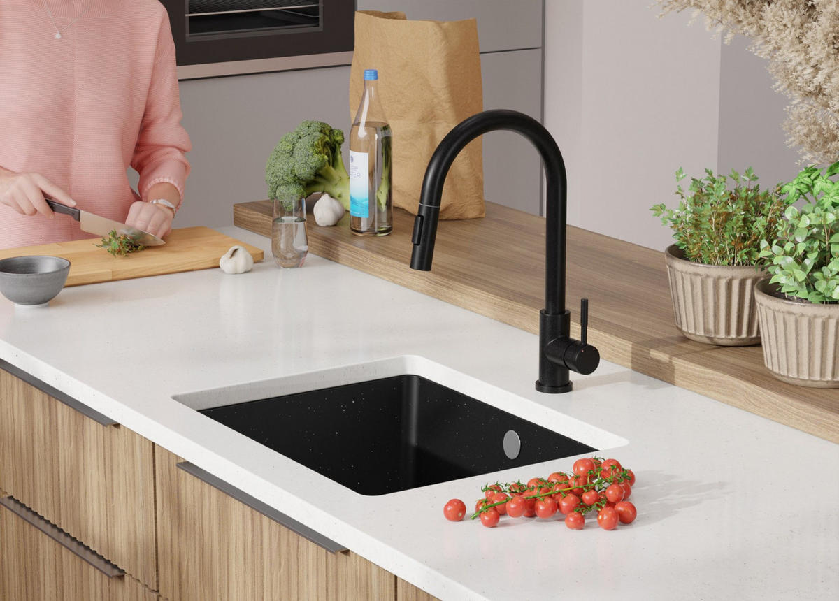 UNTERBAUSPÜLE GRANIT Venedig Easy, 2-er set Schwarz Metallic 56/44 cm 1 Becken + Ablauf-Set ab 60er Unterschrank - Chromfarben/Schwarz Hochglanz, Kunststoff (56/20/44cm) - Primagran