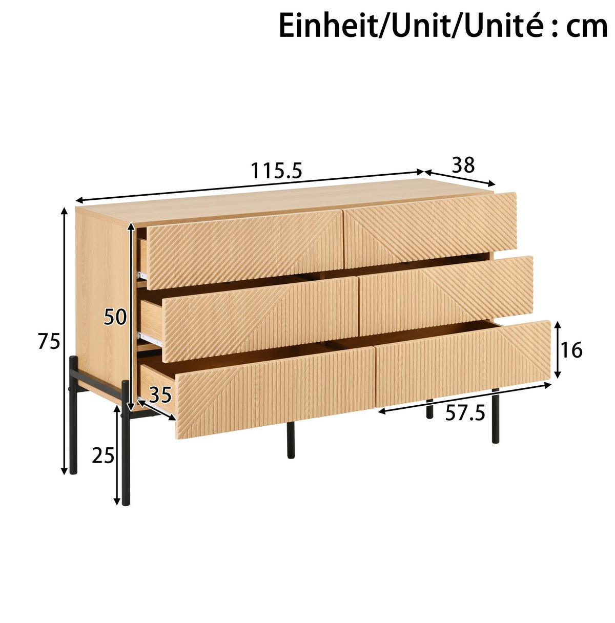 SIDEBOARD 115,5/38/75 cm Natur aus MDF mit 6 Schubladen - Naturfarben, Holzwerkstoff (115.5/75/38cm) - OKWISH