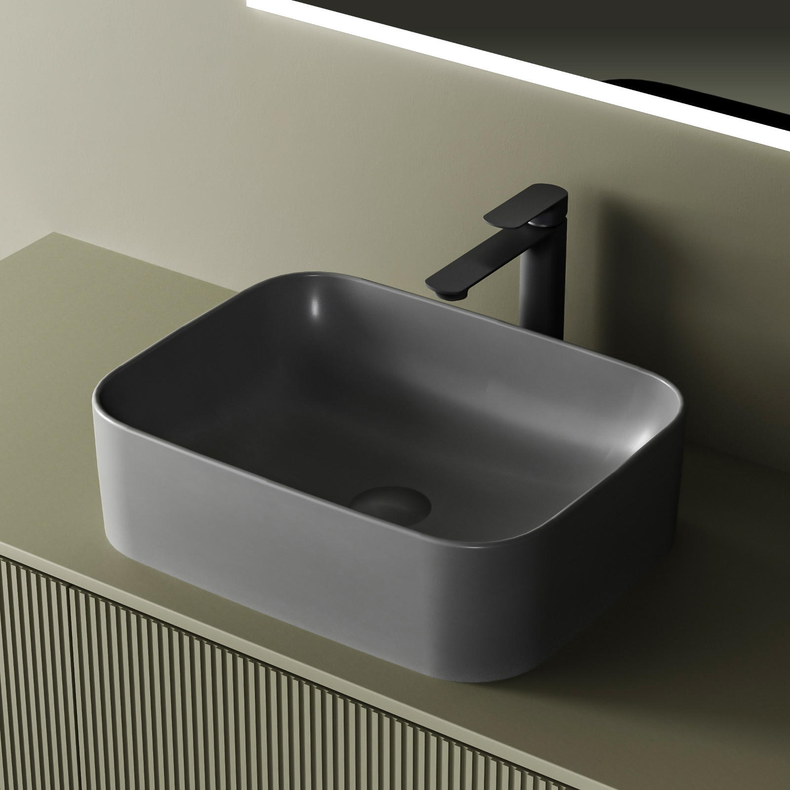 WASCHBECKEN Keramik Rechteck Abgerundete Matt Dunkelgrau 50,5 / 38 / 15 cm - Schwarz, Keramik (38/15/50.5cm) - EMKE