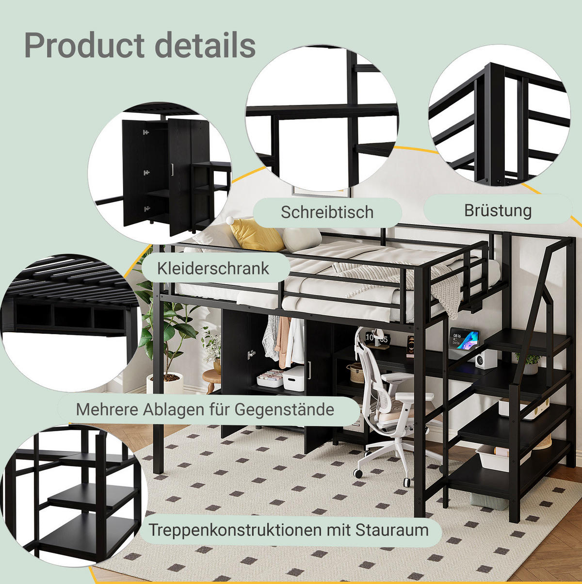 HOCHBETT 140/200 cm mit Kleiderschrank, Regalen, Ablageleiter und Schreibtisch, Schwarz - Schwarz, Metall (140/200cm) - Redom