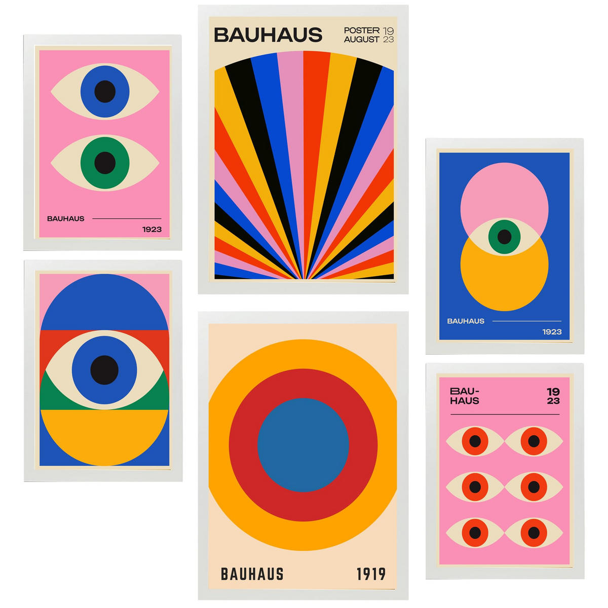 POSTER Set Mit 6 Geometrische Bauhaus Formen & Augen A3 & A4 Weißer Rahmen - Weiß, Papier (29/3cm) - Nacnic