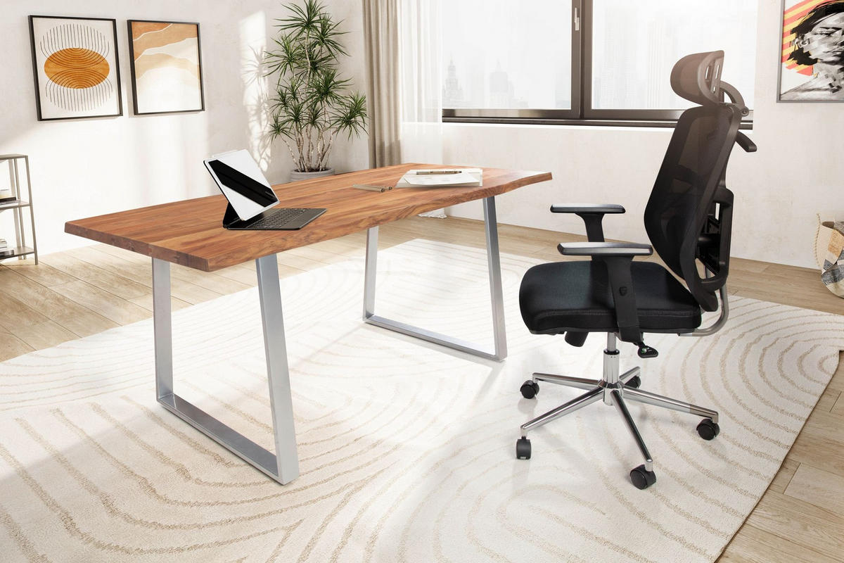 SCHREIBTISCH Massivholz Baumkante Chromgestell Handarbeit TARN, Goldbraun-Chrom 180x90x76 cm - Chromfarben/Braun, Holz/Metall (90/180/76cm) - KADIMA DESIGN