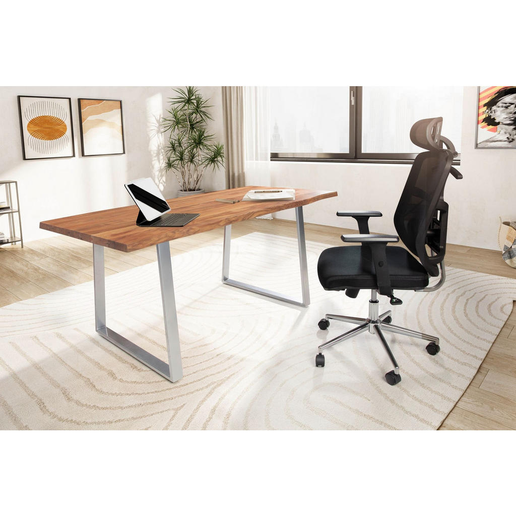 Thumbnail - Kadima Design Schreibtisch, Braun, Holz, Echtholz,Akazie, Rechteckig,Rechteckig, Kufe, 160x76x80 cm, Arbeitszimmer, Schr...