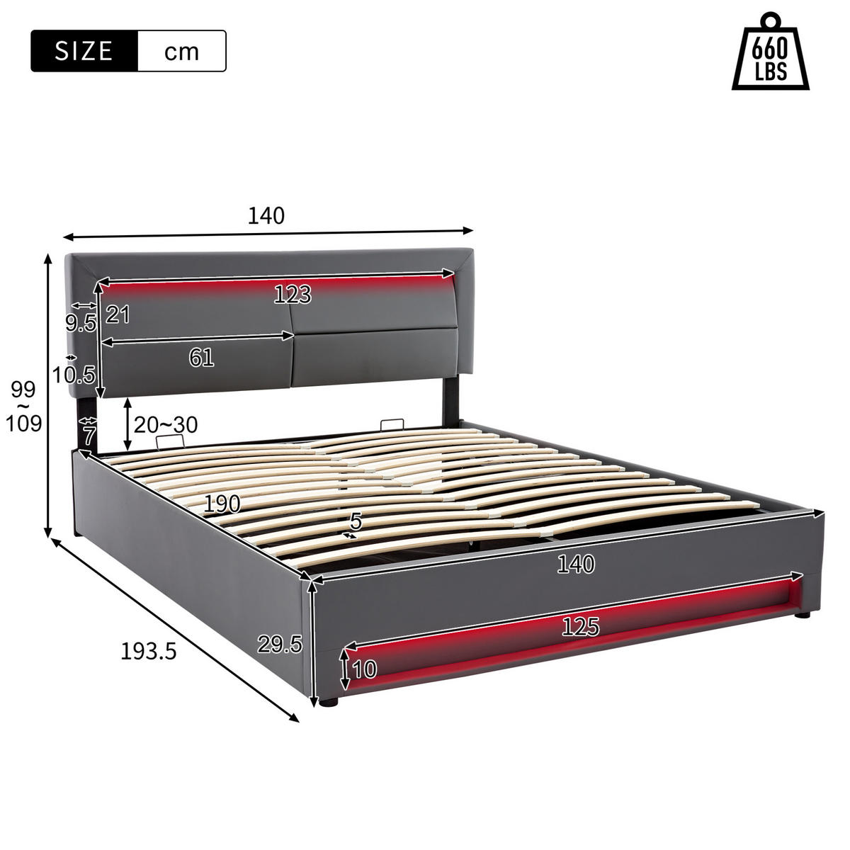 POLSTERBETT 140/190 cm aus PU mit USB-Anschluss, kabellosem Laden, LED-Beleuchtung und Stauraum, Grau - Grau, Leder (140/190cm) - Redom