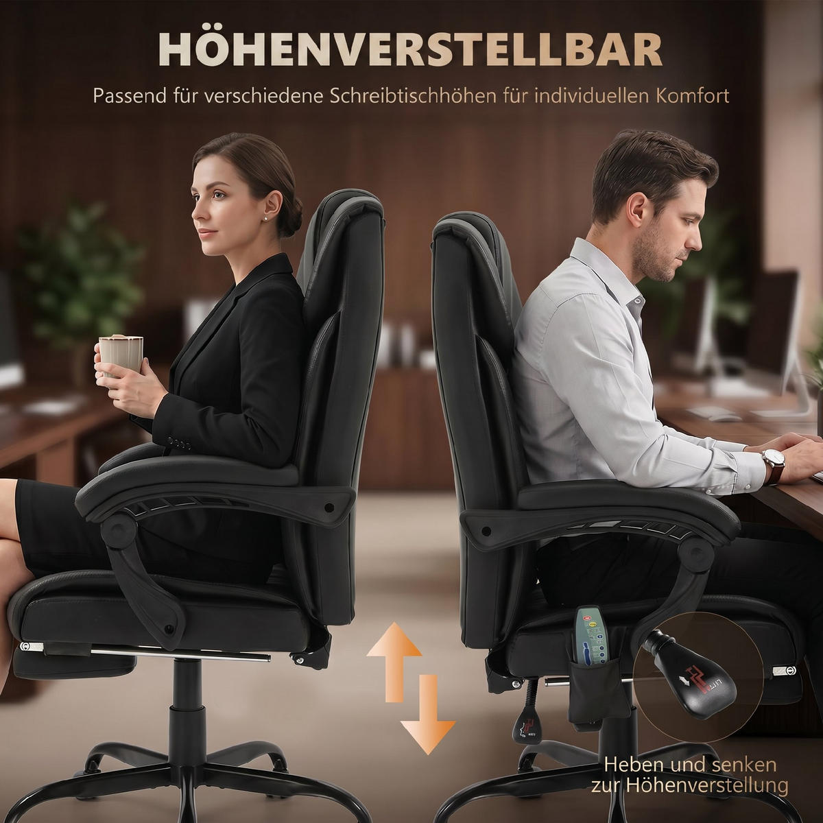 DREHSTUHL Massagefunktion ergonomisch Fußstütze hoher Rücken Lendenstütze Schwarz - Schwarz, Textil (75/122/66cm)