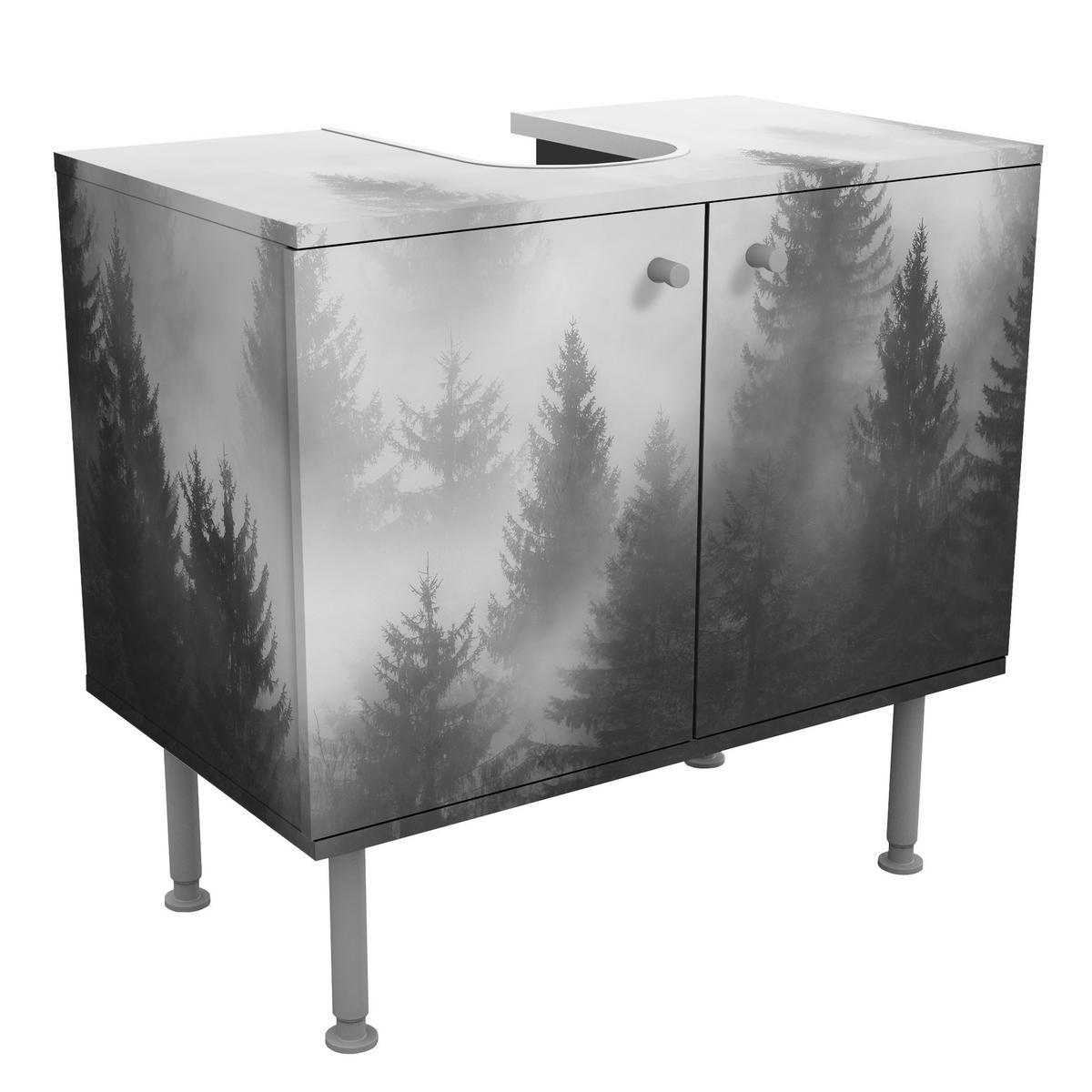 WASCHBECKENUNTERSCHRANK Nadelwald im Nebel Schwarz Weiß 60/55/35 cm - Schwarz, Holzwerkstoff (60/55/35cm) - Bilderwelten
