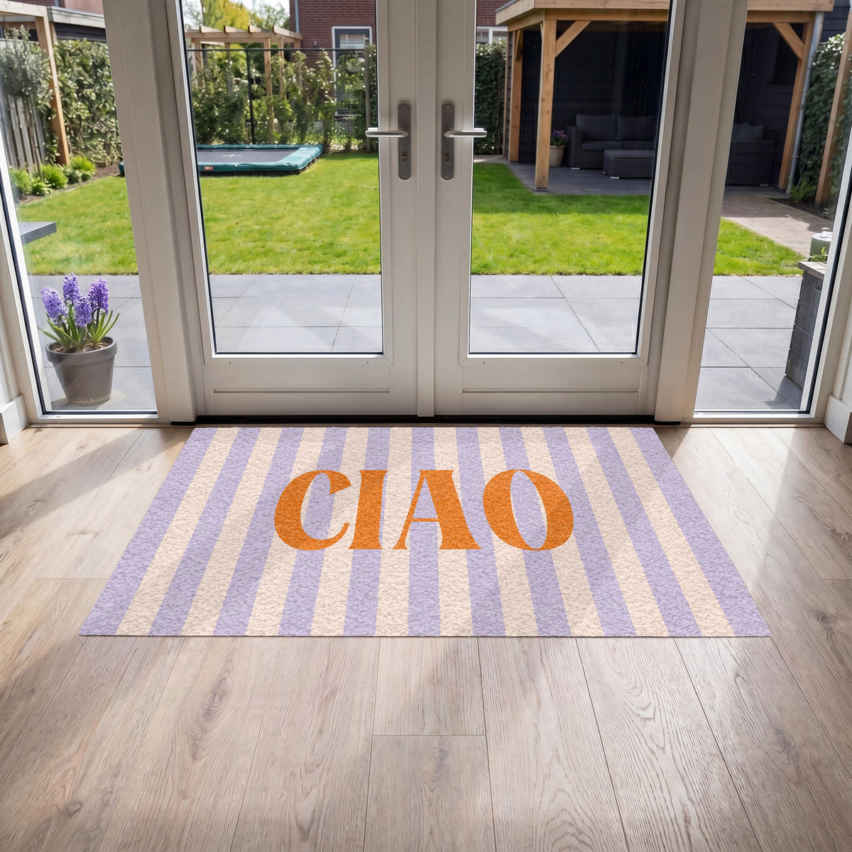 FUSSMATTE Ciao - Zitat - Pastell - Streifen Schmutzfangmatte 150x90 cm - Flieder, Kunststoff (150/90cm) - MuchoWow