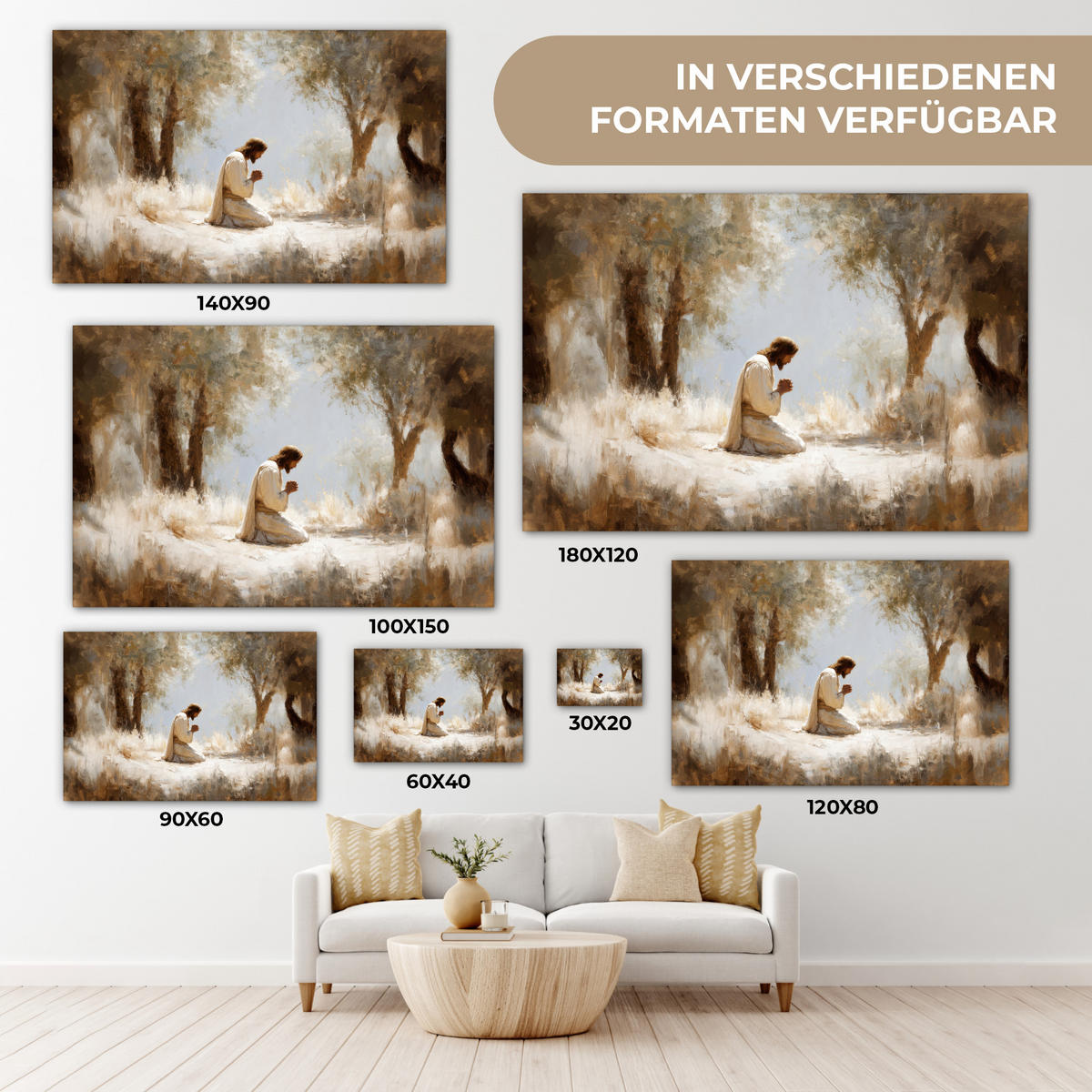 LEINWANDBILD Jesus - Kniend - Waldlandschaft - Betend Wohnzimmer Groß 120x80 cm - Beige/Hellblau, Textil (120/80cm) - MuchoWow