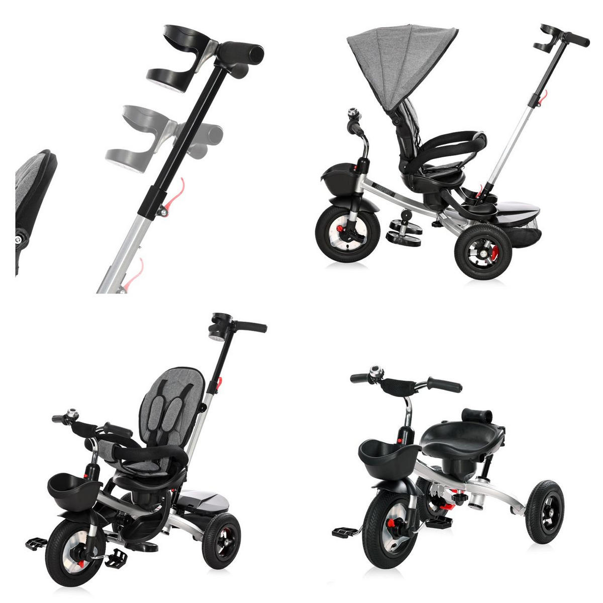 DREIRAD Zippy 3 in 1 grau umkehrbarer Sitz umbaubar Luftreifen Freilauf Gurt - Grau, Metall (92/50/100cm) - Lorelli