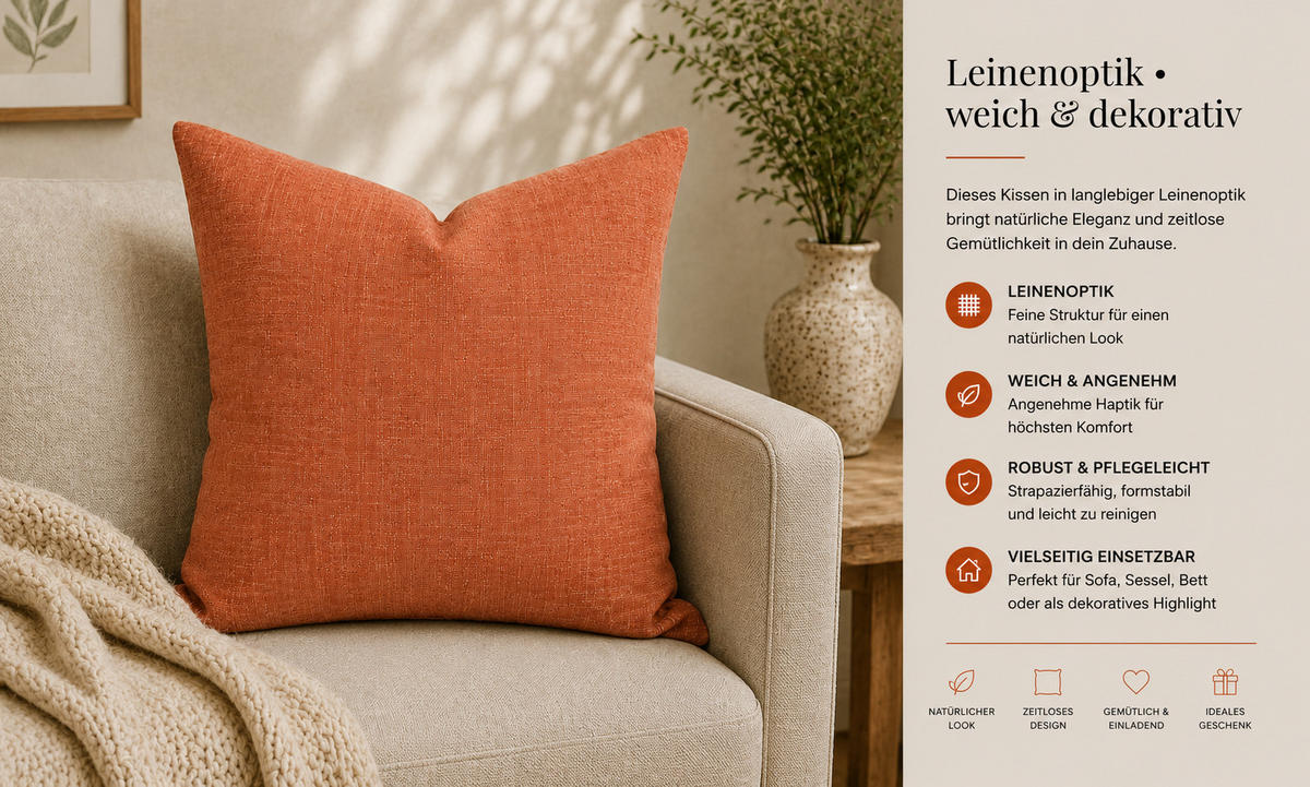 KISSENBEZUG Leinenoptik 60/60 cm Terracotta - Terracotta, Textil (60/60cm) - TiborTex