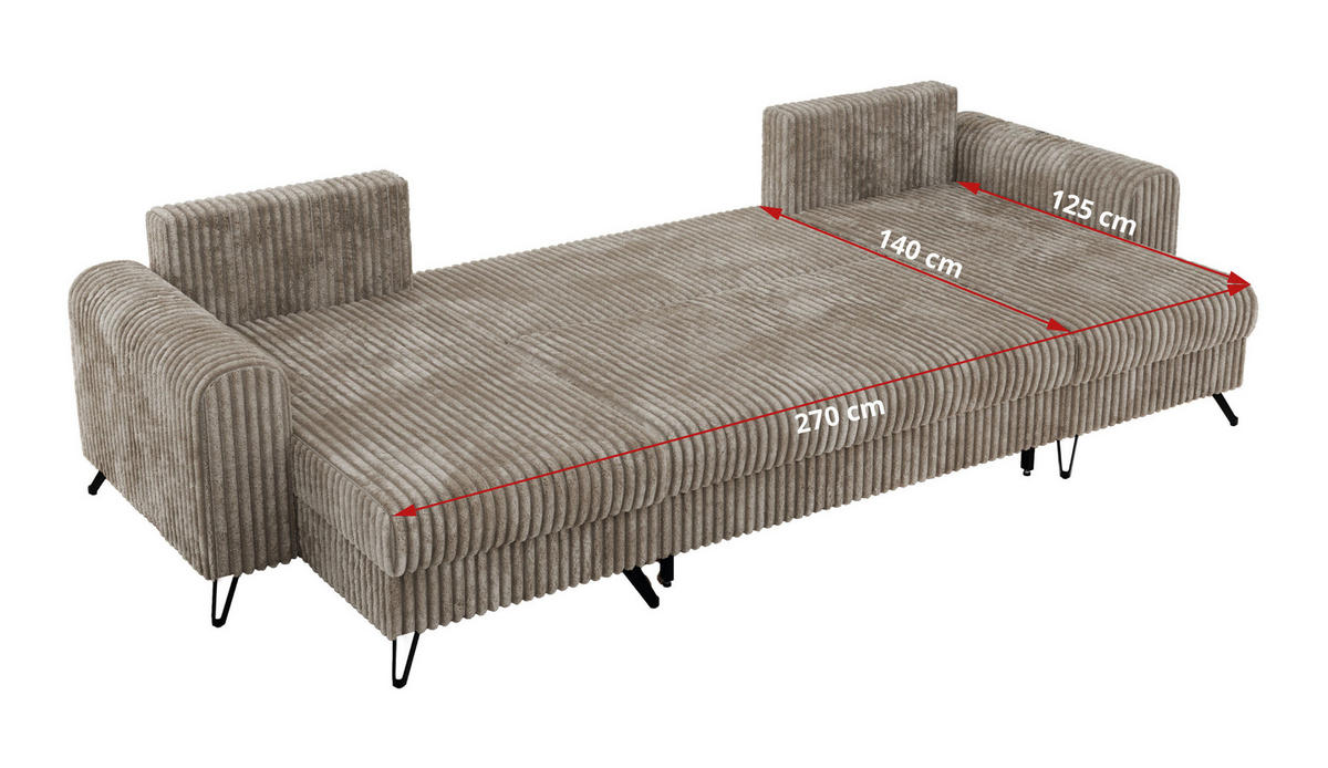 WOHNLANDSCHAFT AXEL U Cord Hellbraun - Schwarz/Braun, Textil/Metall (312/90/140cm) - MKS