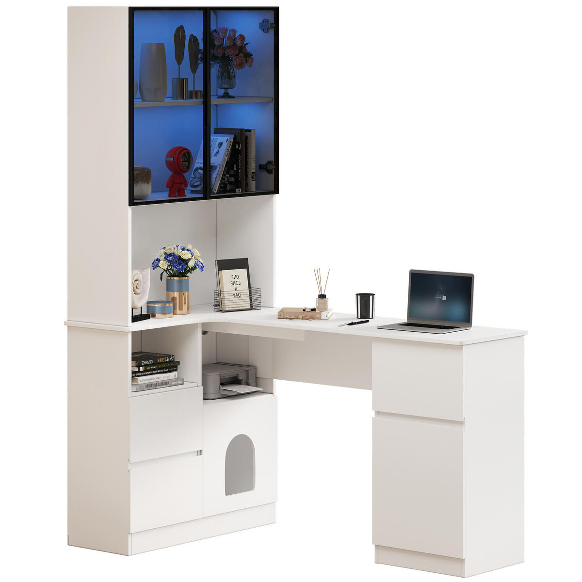ROHOVÝ psací stůl z MDF 120x80x180 cm bílý s regálem, LED vitrínou, průchodkou na kabely a prostorem pro mazlíčka - bílá, kompozitní dřevo (120/180/80cm) - Modfu