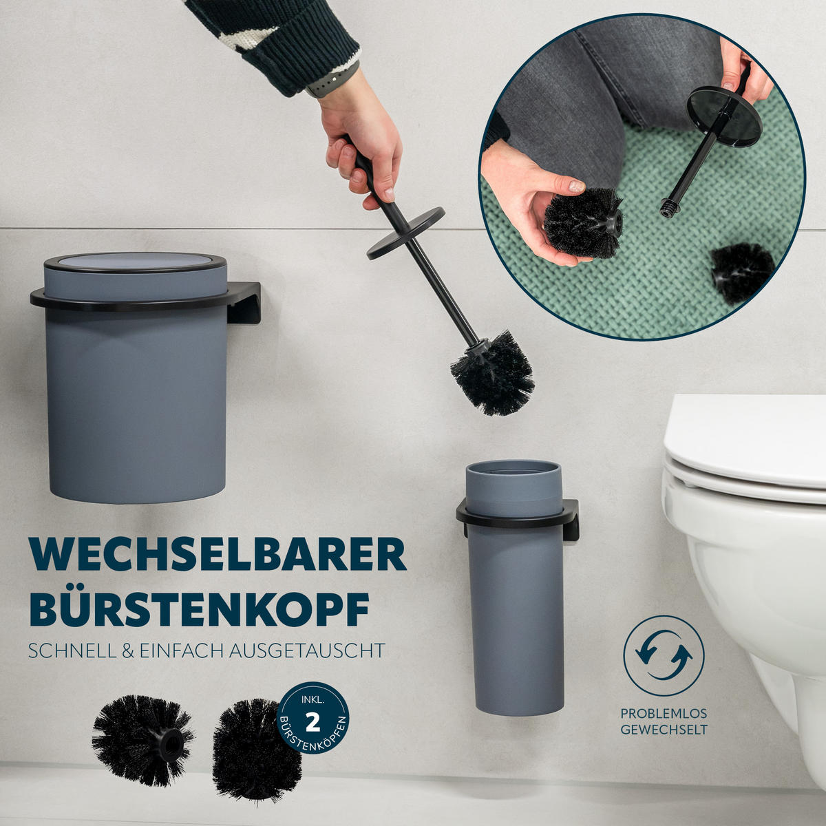 WC-GARNITUR 2-TLG. Bürste u. Eimer SAVONA Softtouch inkl. Wandhalterung, rund - grau - Grau, Kunststoff (19/24.5/19cm) - bremermann