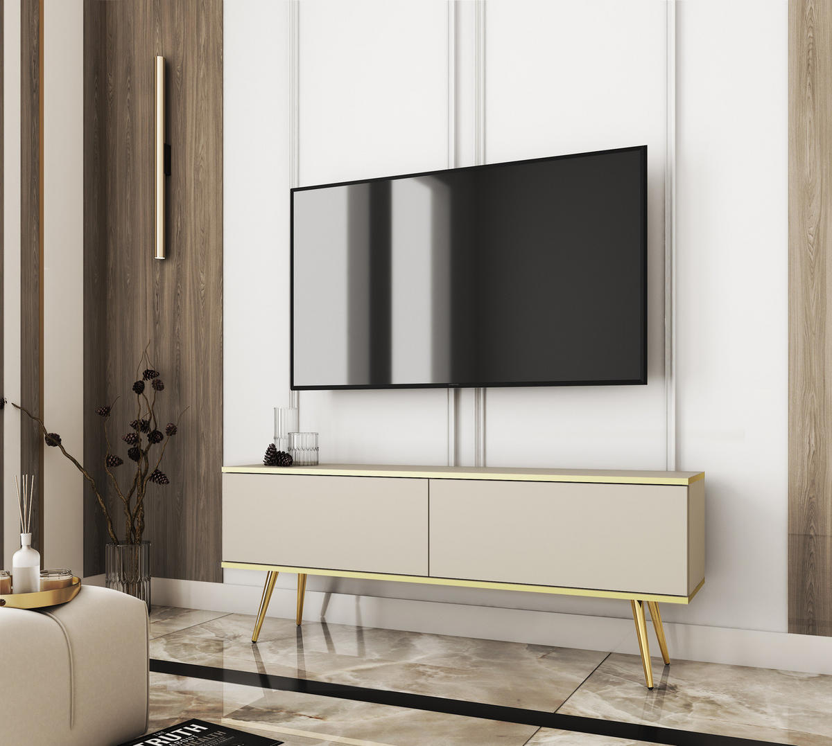 TV-LOWBOARD FORNO (Beige, Goldene Details, 2 Türen, goldene Metallfüße, 135 cm) - Gelb/Beige, Holz/Holzwerkstoff (135/53/32cm) - Ravio