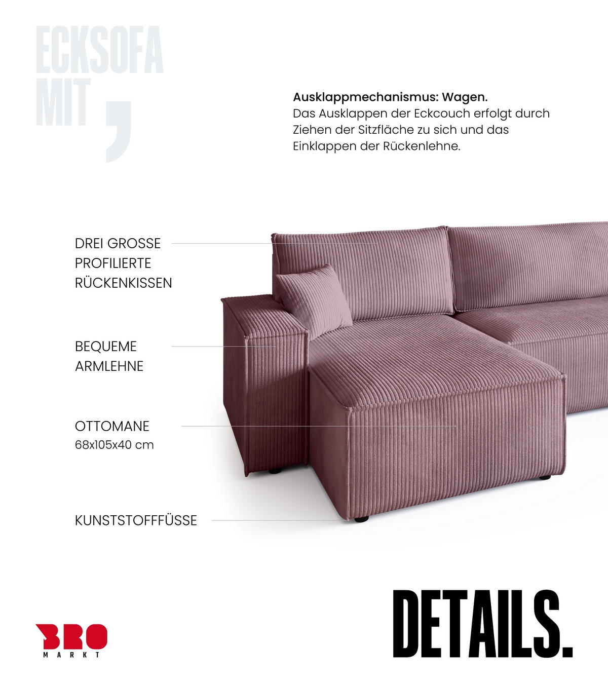 WOHNLANDSCHAFT ADI U mit Schlaffunktion Cordstoff Puderrosa - Pink, Textil (312/85/143cm) - Bromarkt