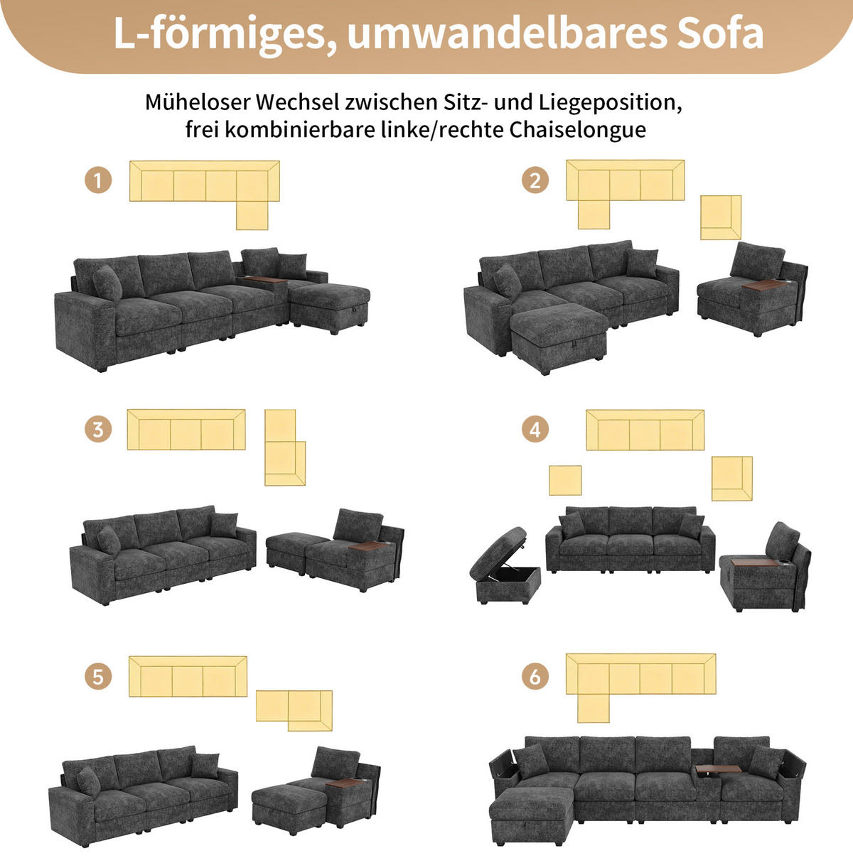 ECKSOFA 313/147/82 cm aus Chenille mit Stauraum, USB/Typ-C und drehbarem Couchtisch Grau - Grau, Textil (147/313cm) - Modenvie