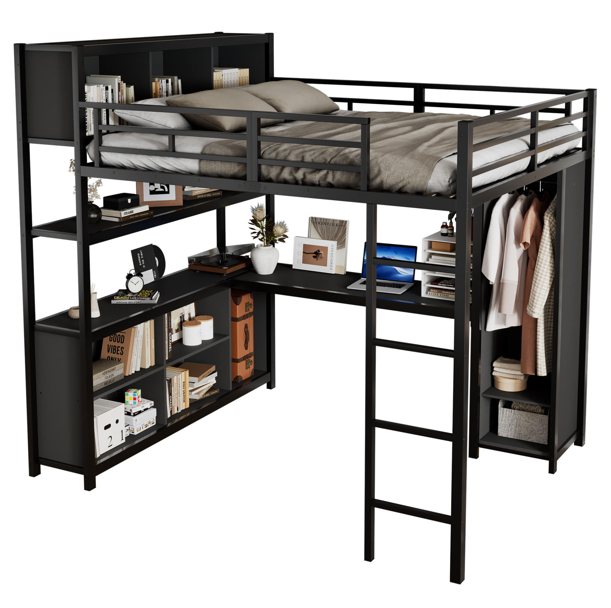 HOCHBETT 140/200 cm aus Eisen und Holzwerkstoff mit Schreibtisch, Kleiderschrank und Stauraum Schwarz - Schwarz, Metall (140/200cm) - Modenvie