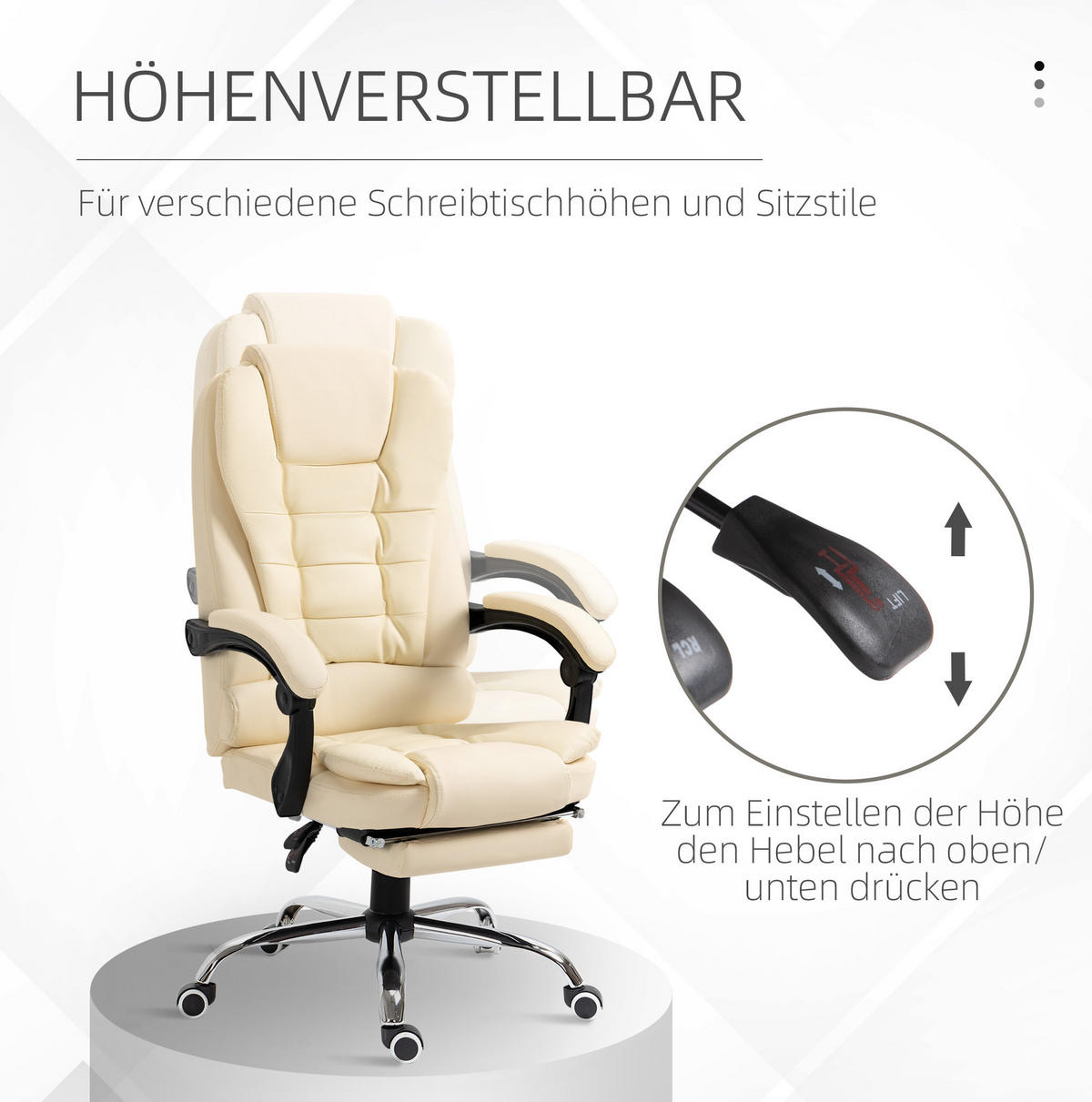 BÜROSTUHL höhenverstellbar mit Fußstütze Cream White - Weiß, Metall (69/117/64.5cm) - Meubliv