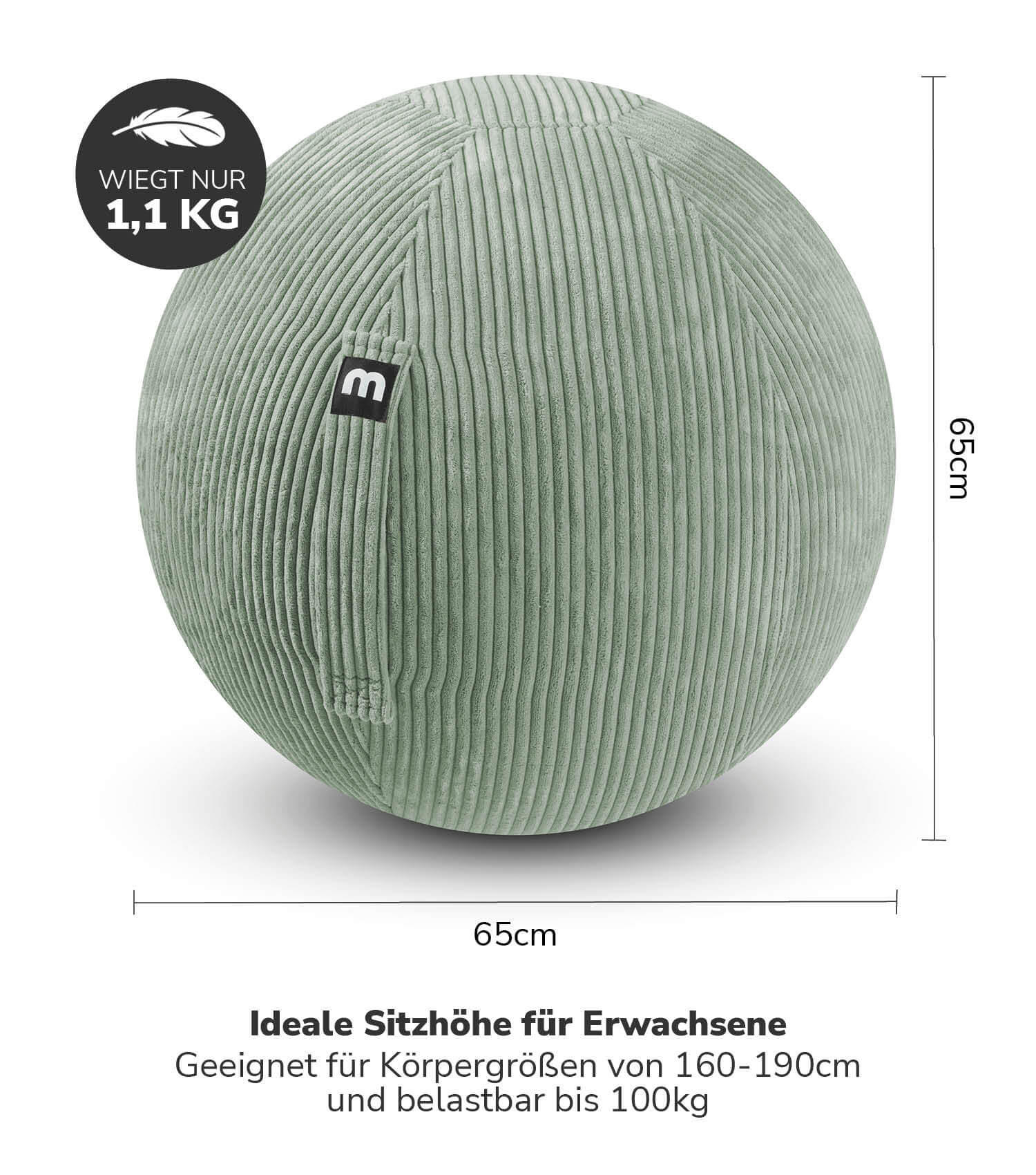 Thumbnail - Mokebo Sitzball, Mintgrün, Textil, 65x65x65 cm, Oeko-Tex®, Wohnzimmer, Hocker, Sitzsäcke, XXL Sitzsäcke