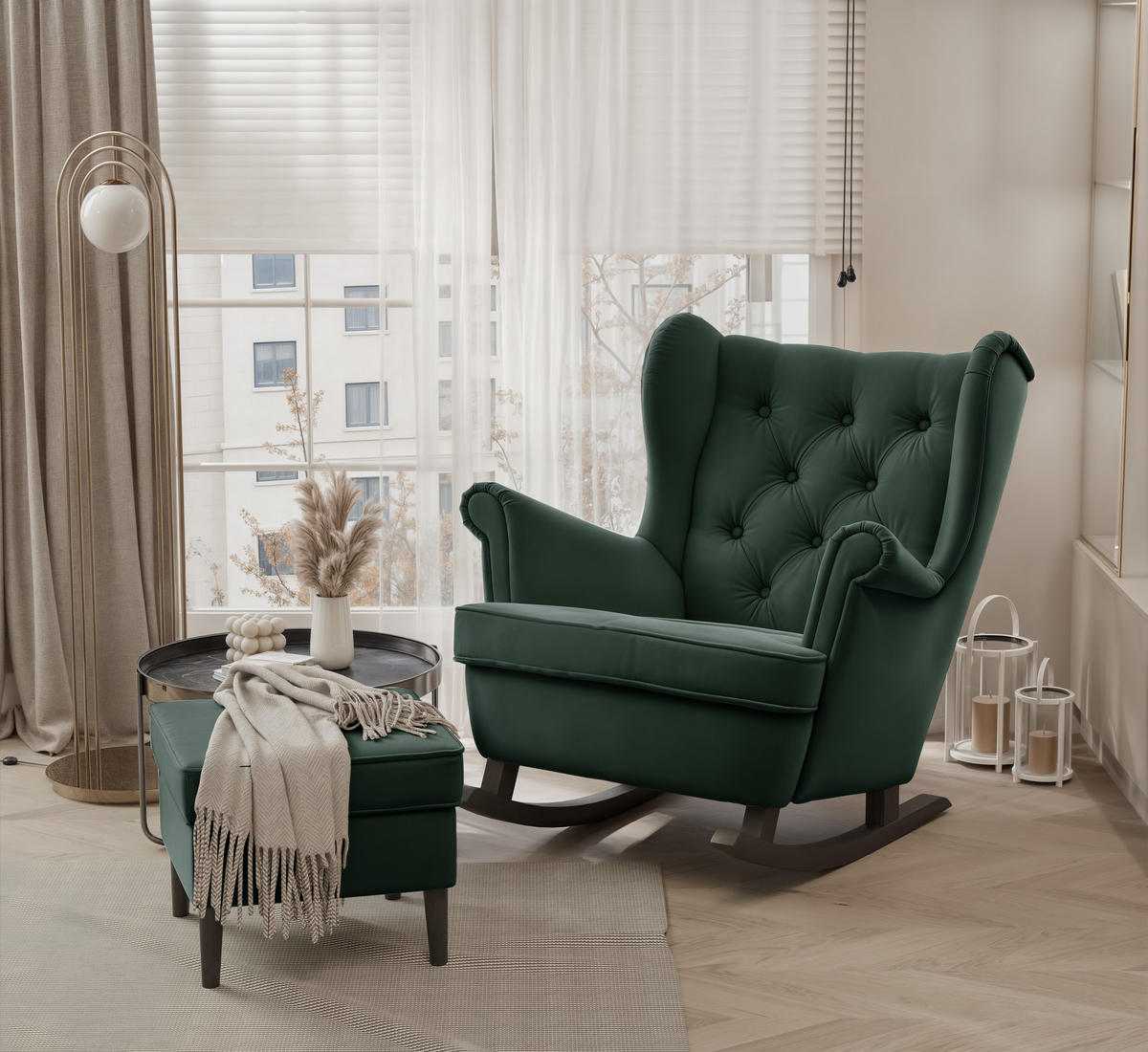 SCHAUKELSESSEL SCANDI Holzfüße, Samt Grün - Grün, Holz/Textil (75/97/60cm) - Idohome